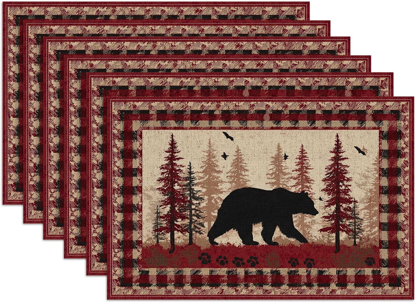 Placemats rustica rojo plaid de oso bosque set de 6 no resbaladizos resistente al calor lavables
