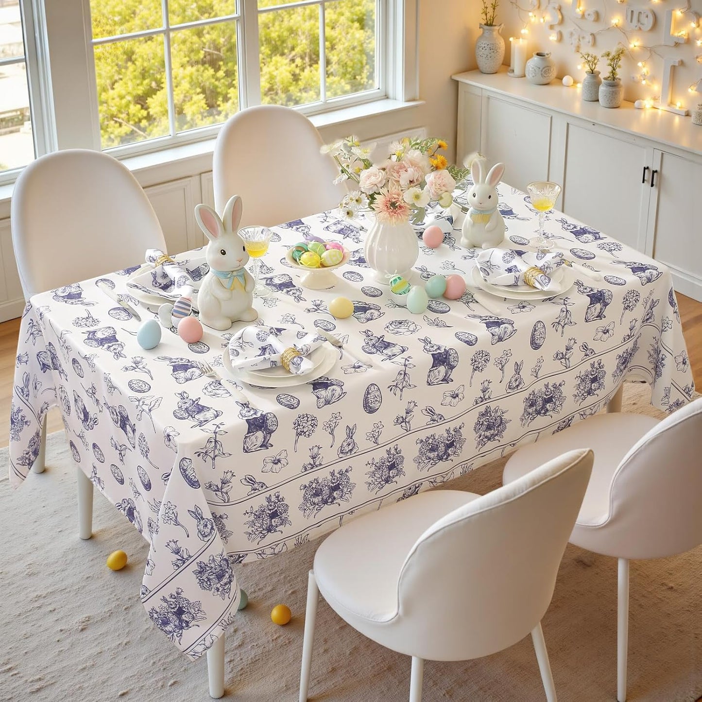 Mantel rectangular de Pascua azul y blanco lavable 52x70 pulgadas