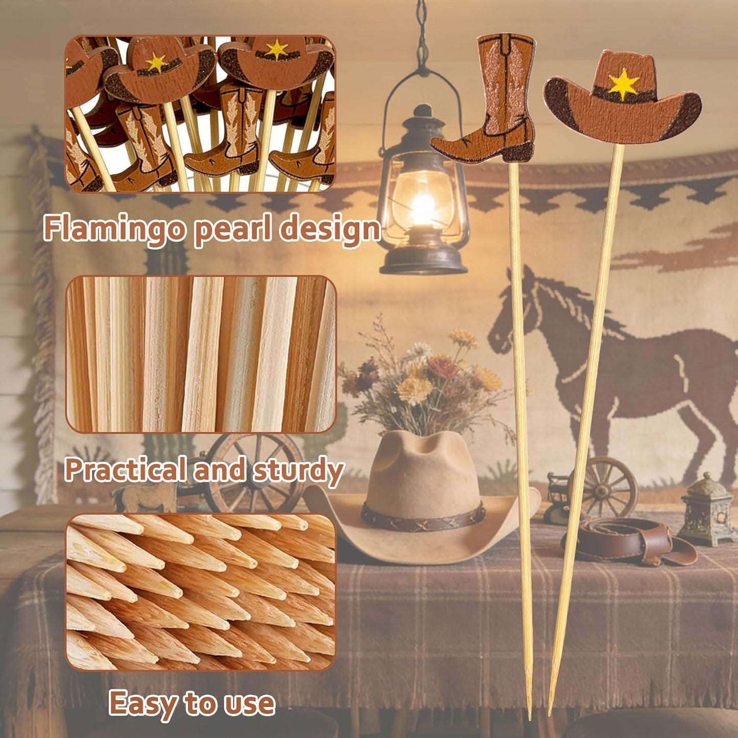 100 palillos de cóctel vaquero, botas de 4.7 pulgadas, palillos de bambú para aperitivos y postres