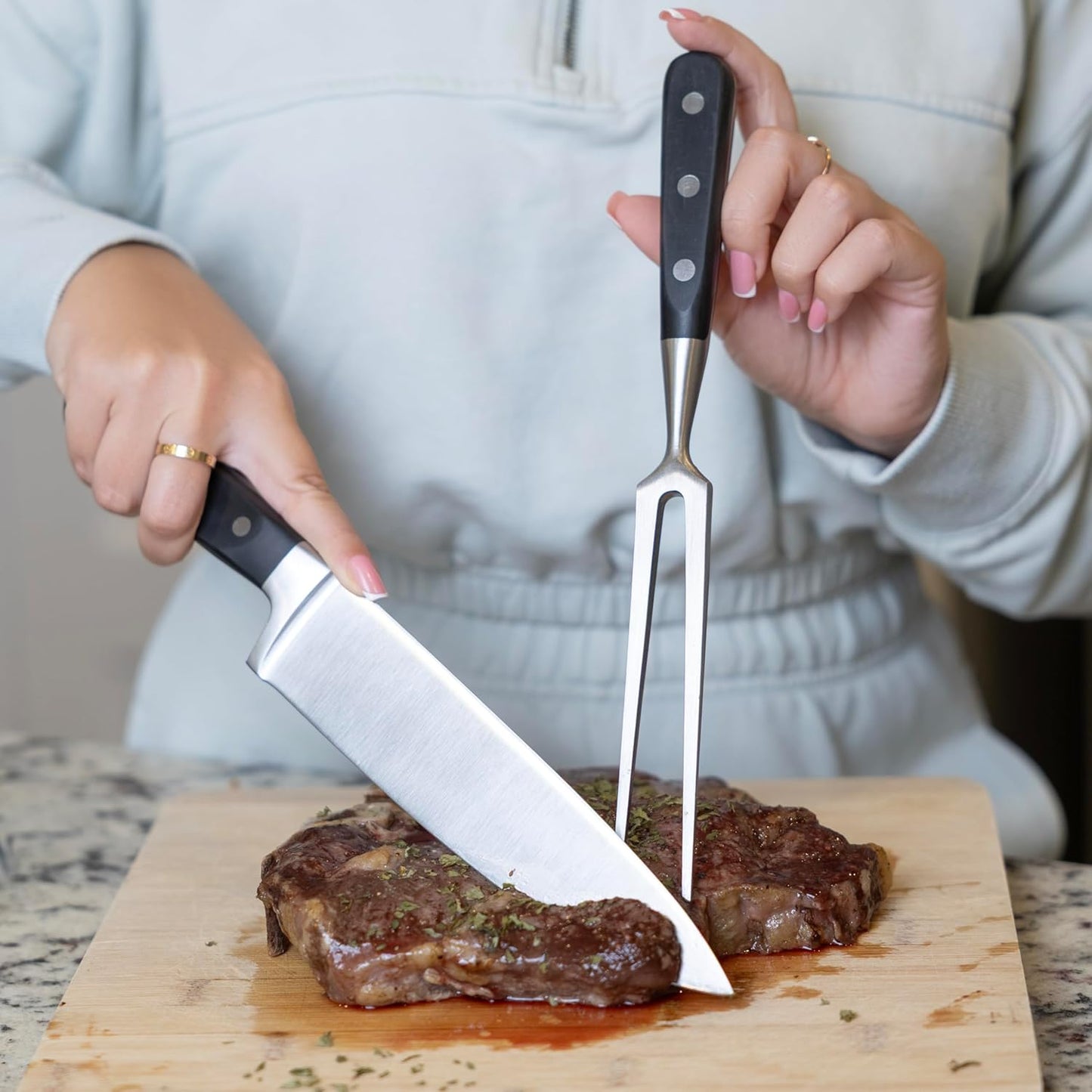Juego tabla y cuchillo tallar carne doble punta