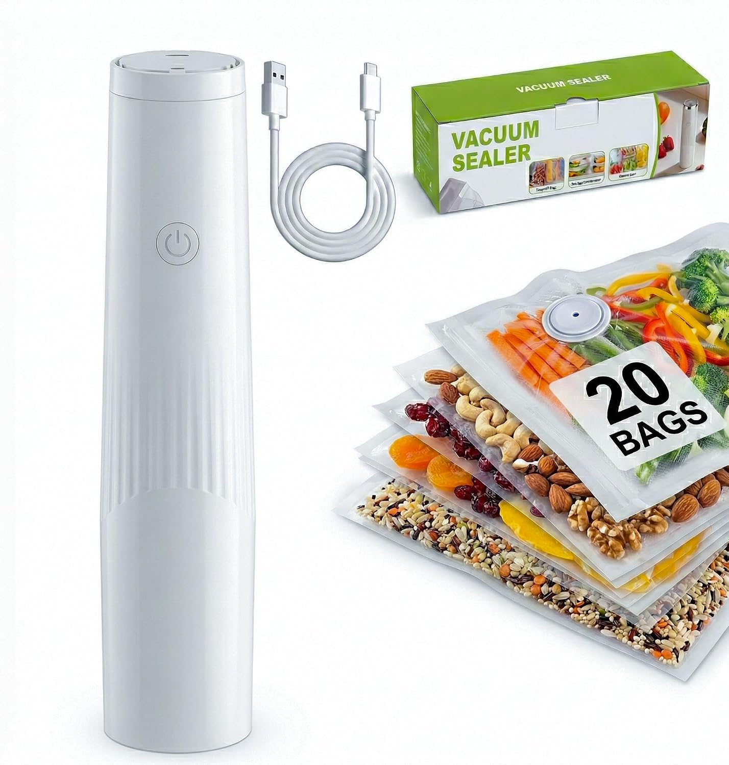 Sellador al vacío compacto con 20 bolsas reutilizables