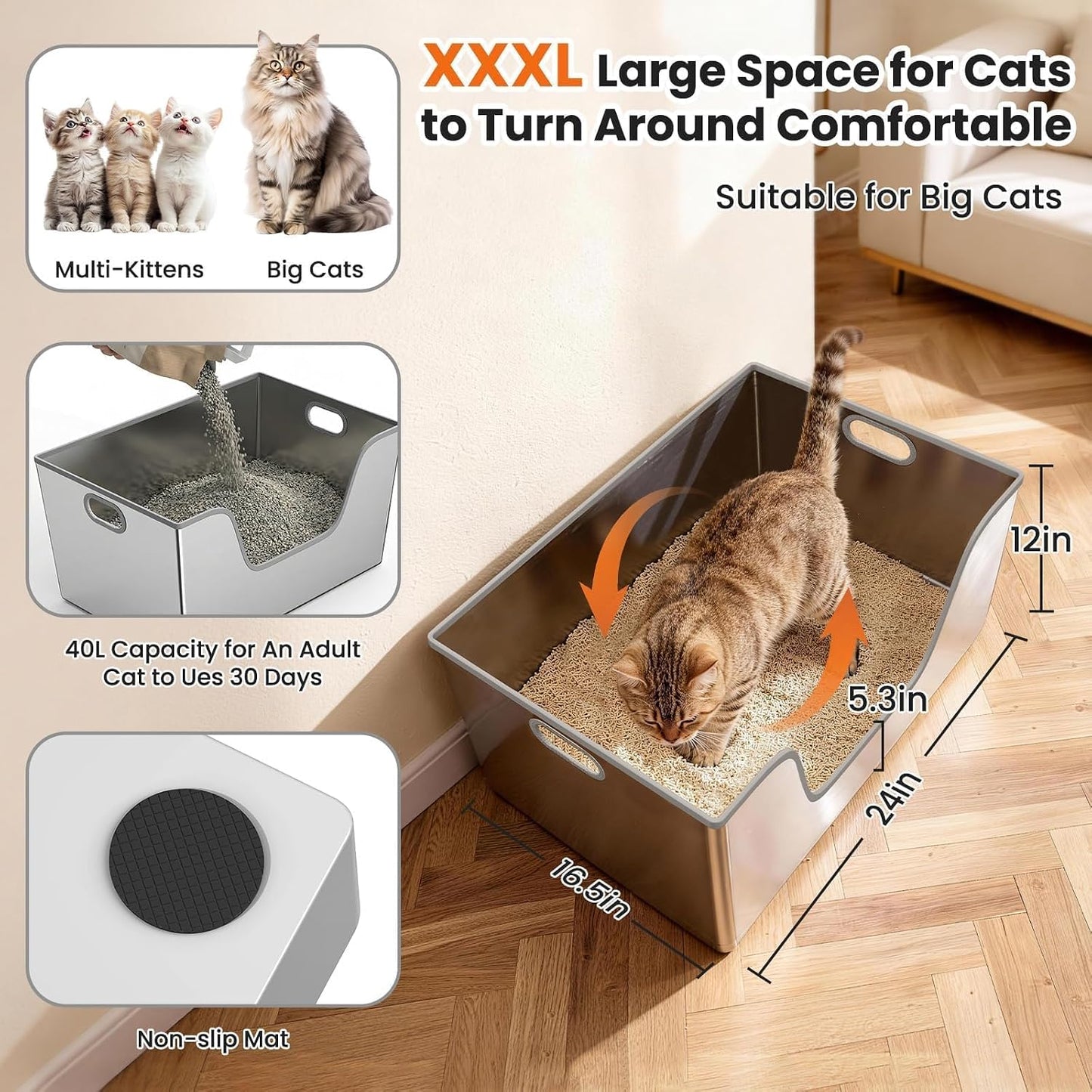 Caja arena acero inox 40L XXL para gatos grandes antifugas
