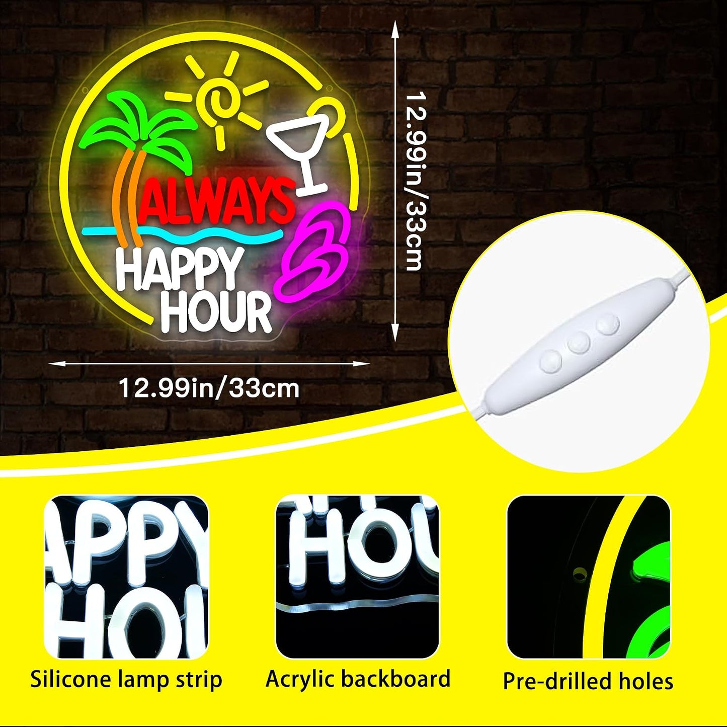 Letrero neón Always Happy Hour con palmera para cóctel
