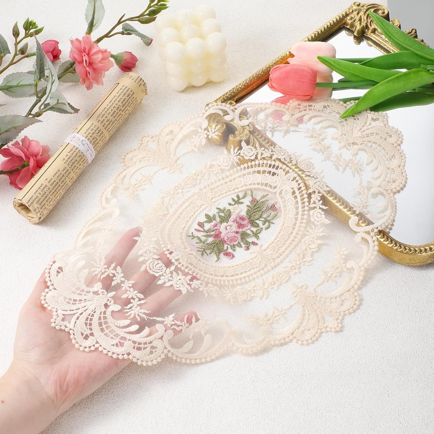 2 Manteles Encaje Retro Beige para Mesa Hogar Boda