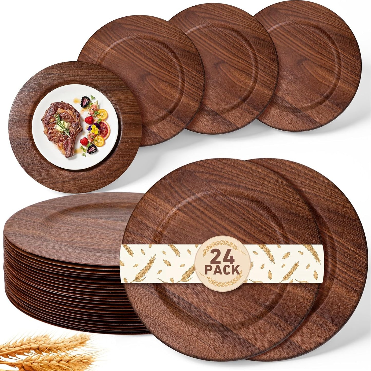 24 Pzas Platos Carga Redondos Madera Sintética 13pulg Marrón