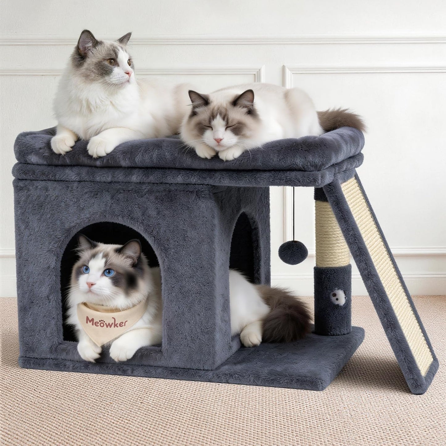 Cama torre para gatos con poste rascador resistente