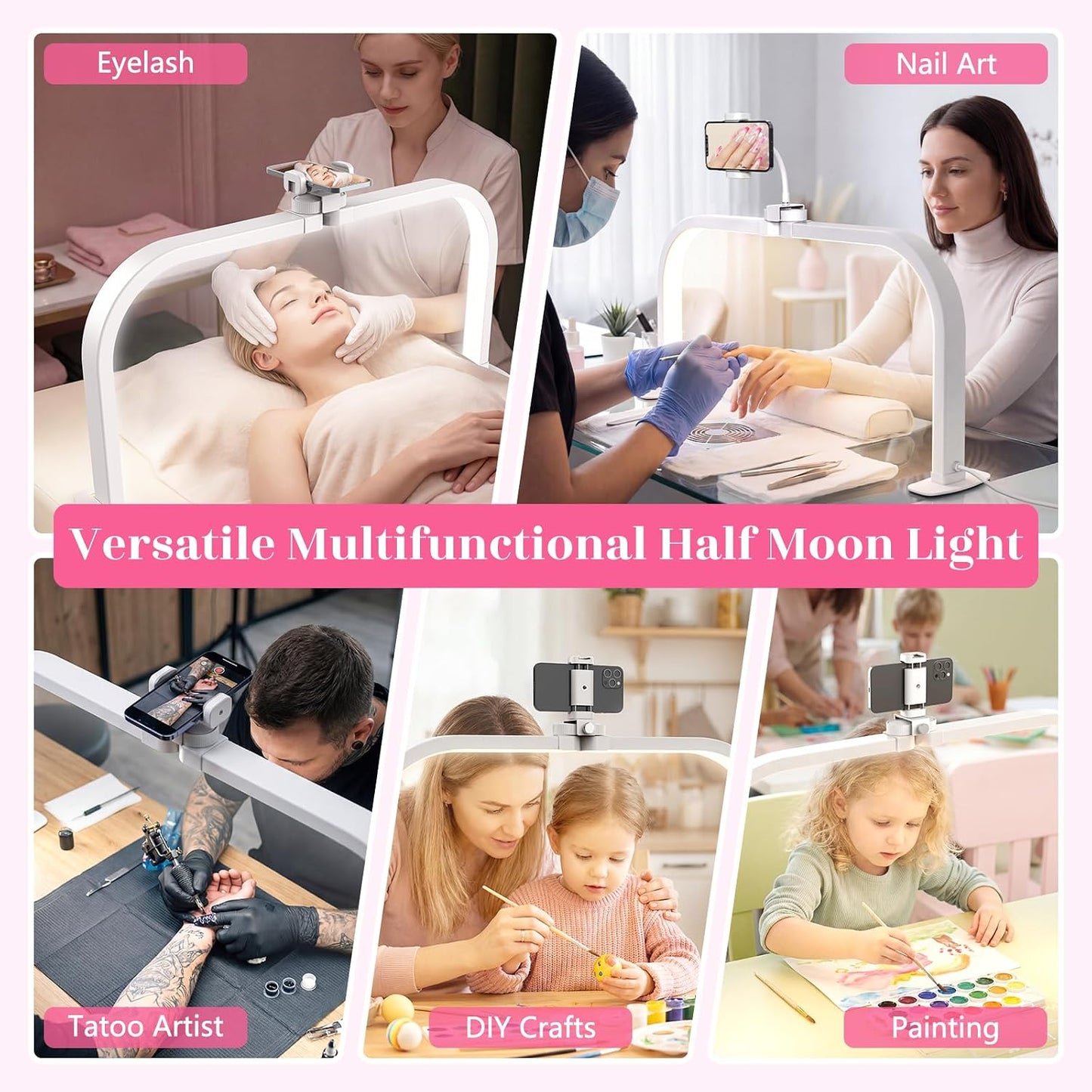 Luz media luna escritorio uñas 29pulg plegable 3 modos 10 brillo