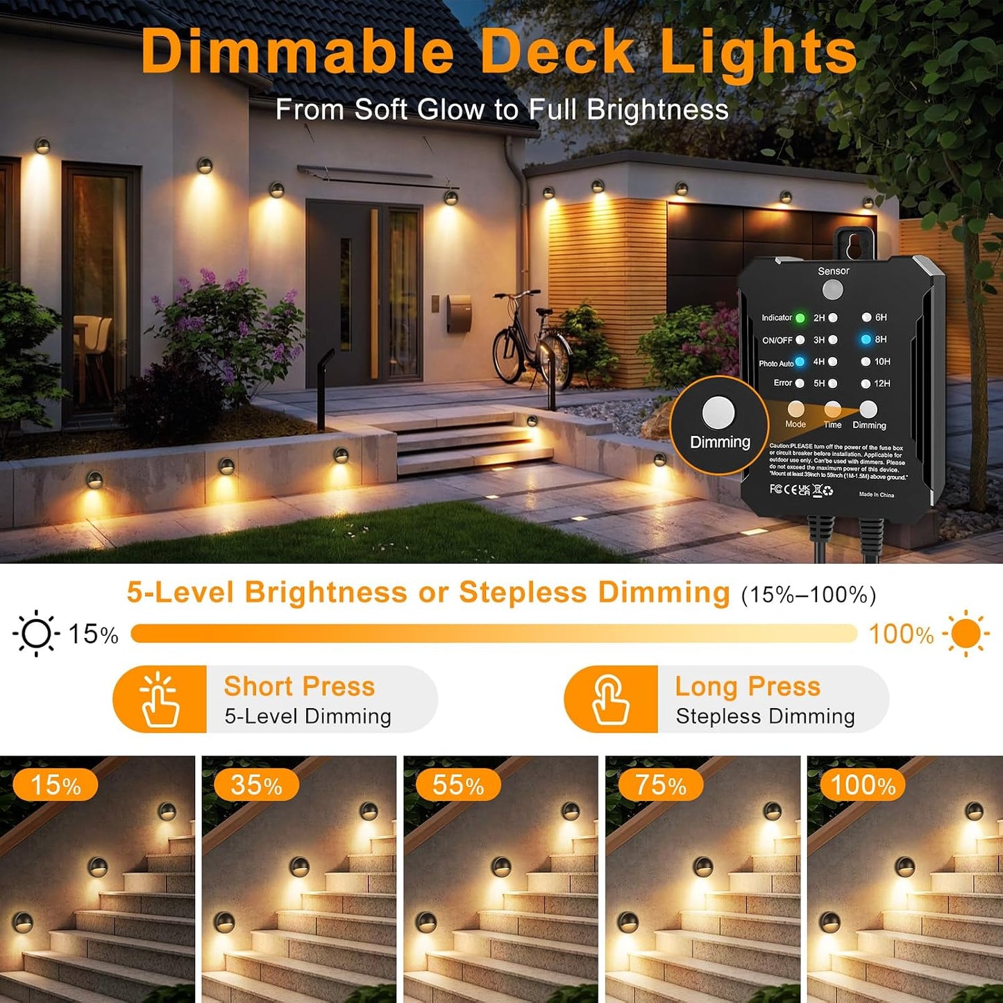 Kit luces LED bajo voltaje cubierta IP67 blanco cálido regulable