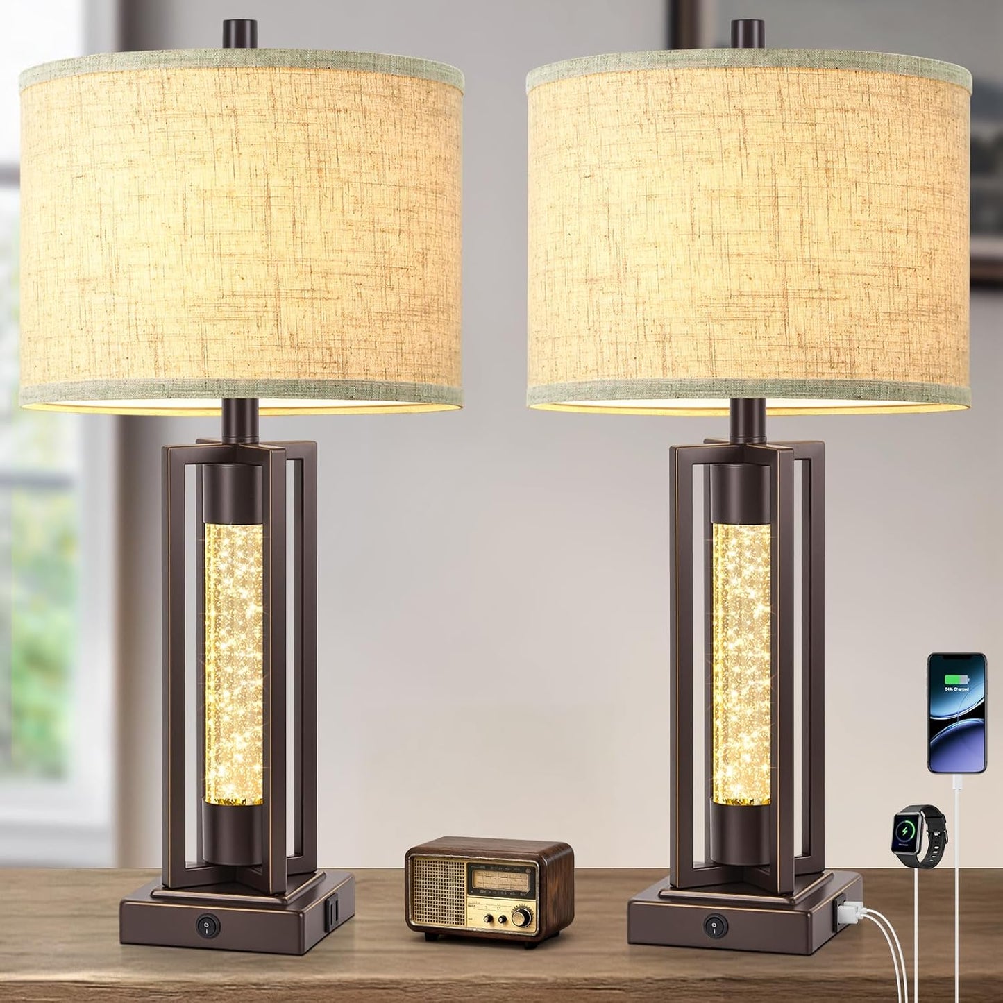 2 Lámparas Mesa Vintage 26pulg Sala Dormitorio USB Luz Nocturna