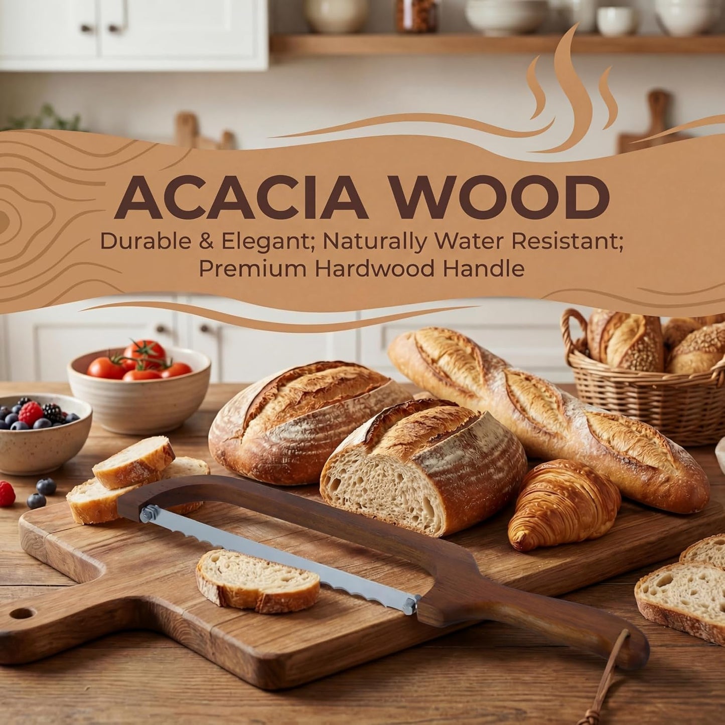 Cuchillo pan madera acacia hoja giratoria 360° rebanador
