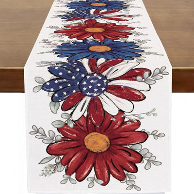 Camino de mesa patriótico de arpillera 13 x 36 pulgadas con estrellas florales y margaritas