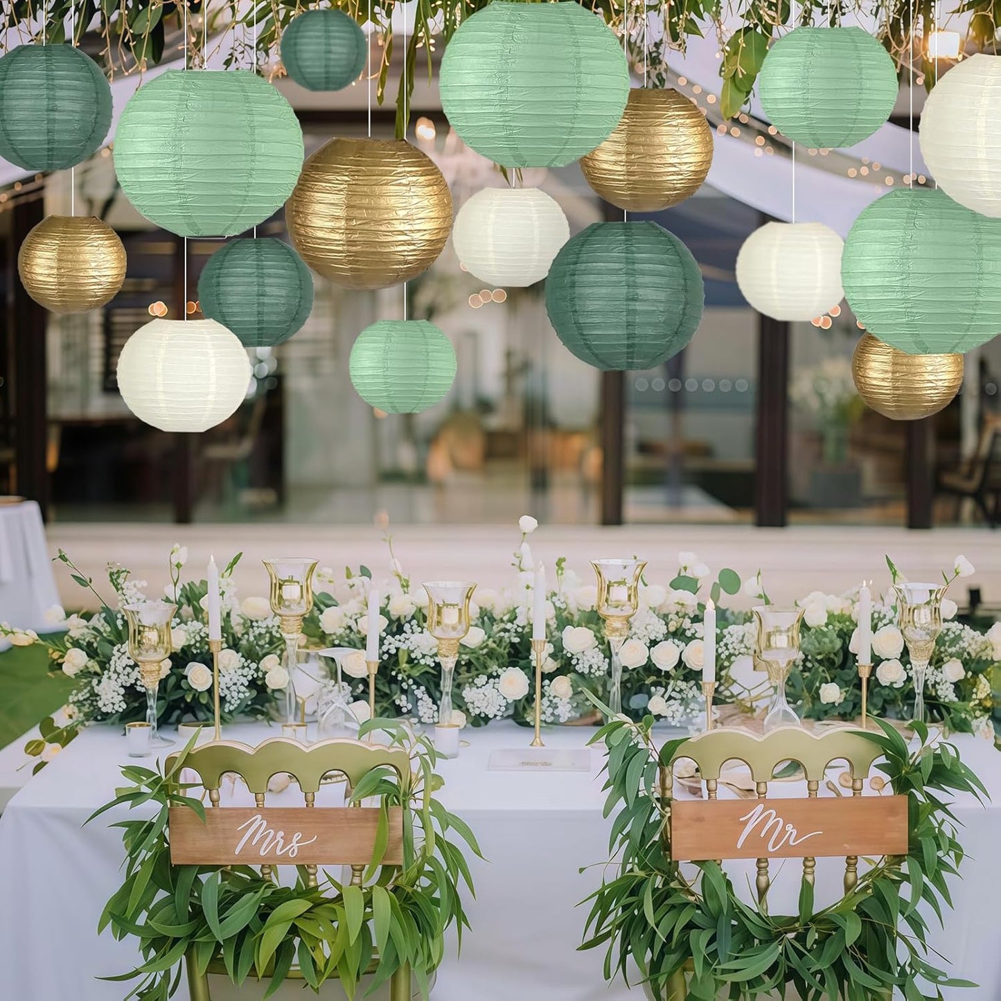 Linternas papel verde salvia dorado 6/8/10pulg decoración