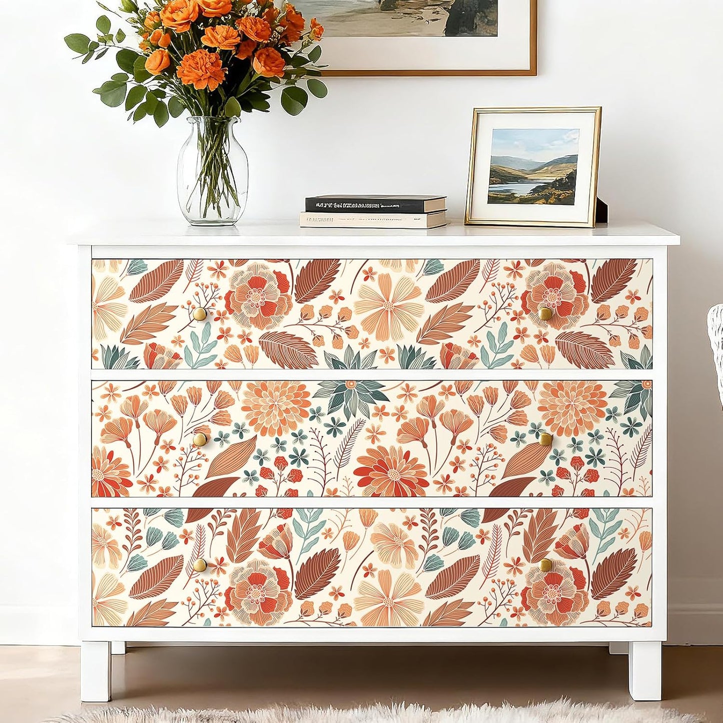 Papel tapiz floral bohemio beige naranja impermeable