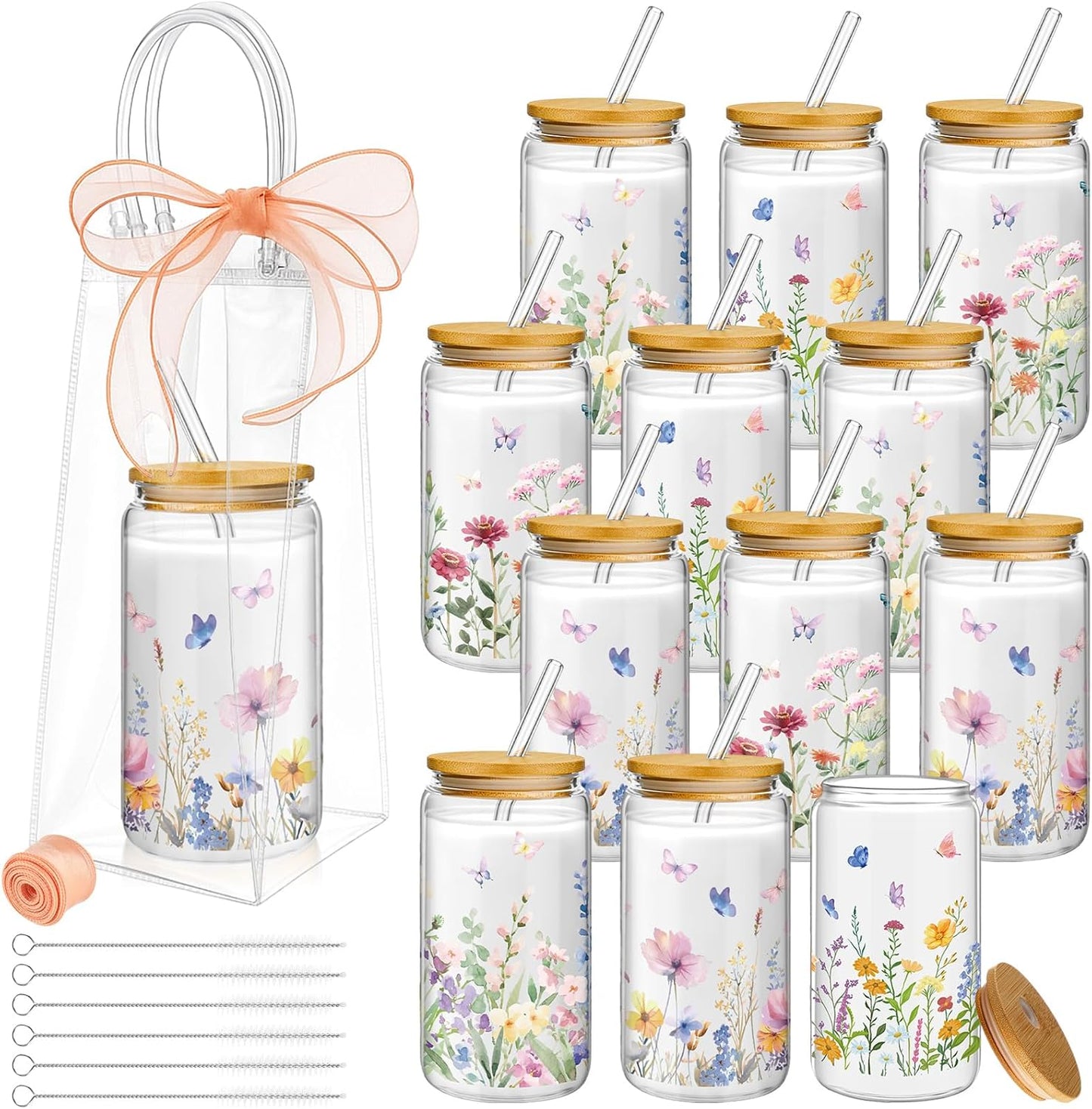 Set 12 Tazas Vidrio Flores 16oz Rosa Reutilizables