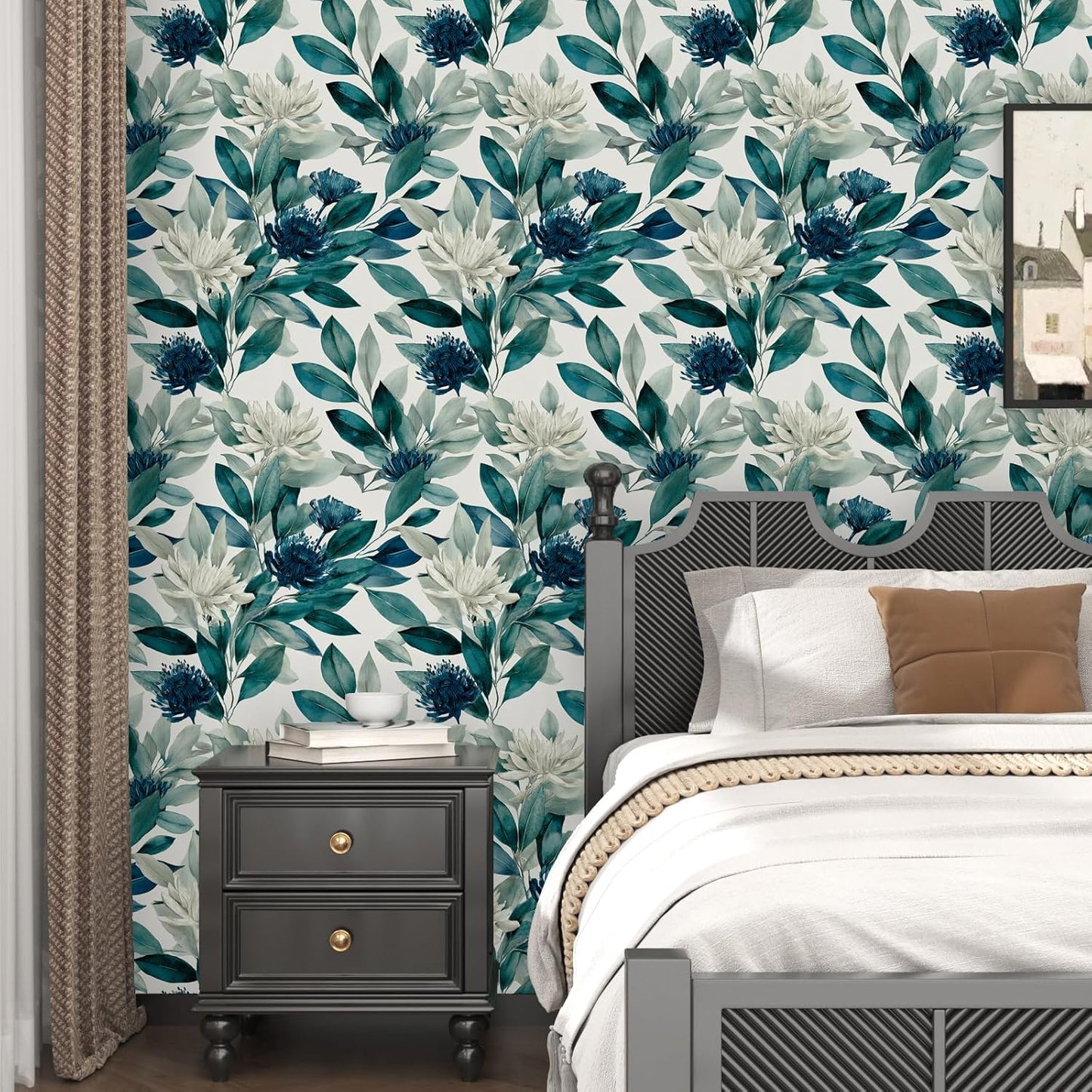 Papel tapiz floral verde oscuro autoadhesivo para dormitorio y sala