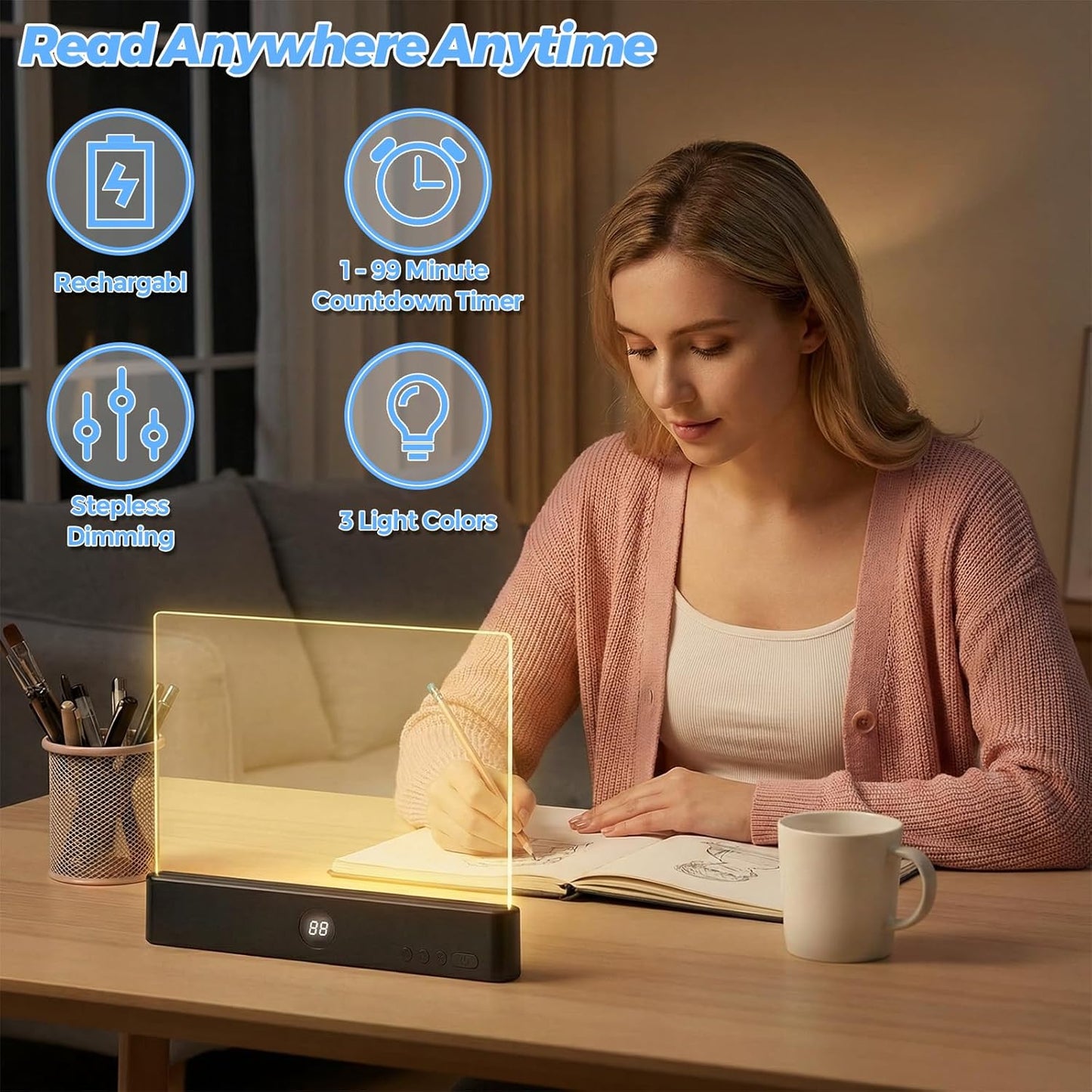 Luz LED recargable para leer en la cama con brillo ajustable negro
