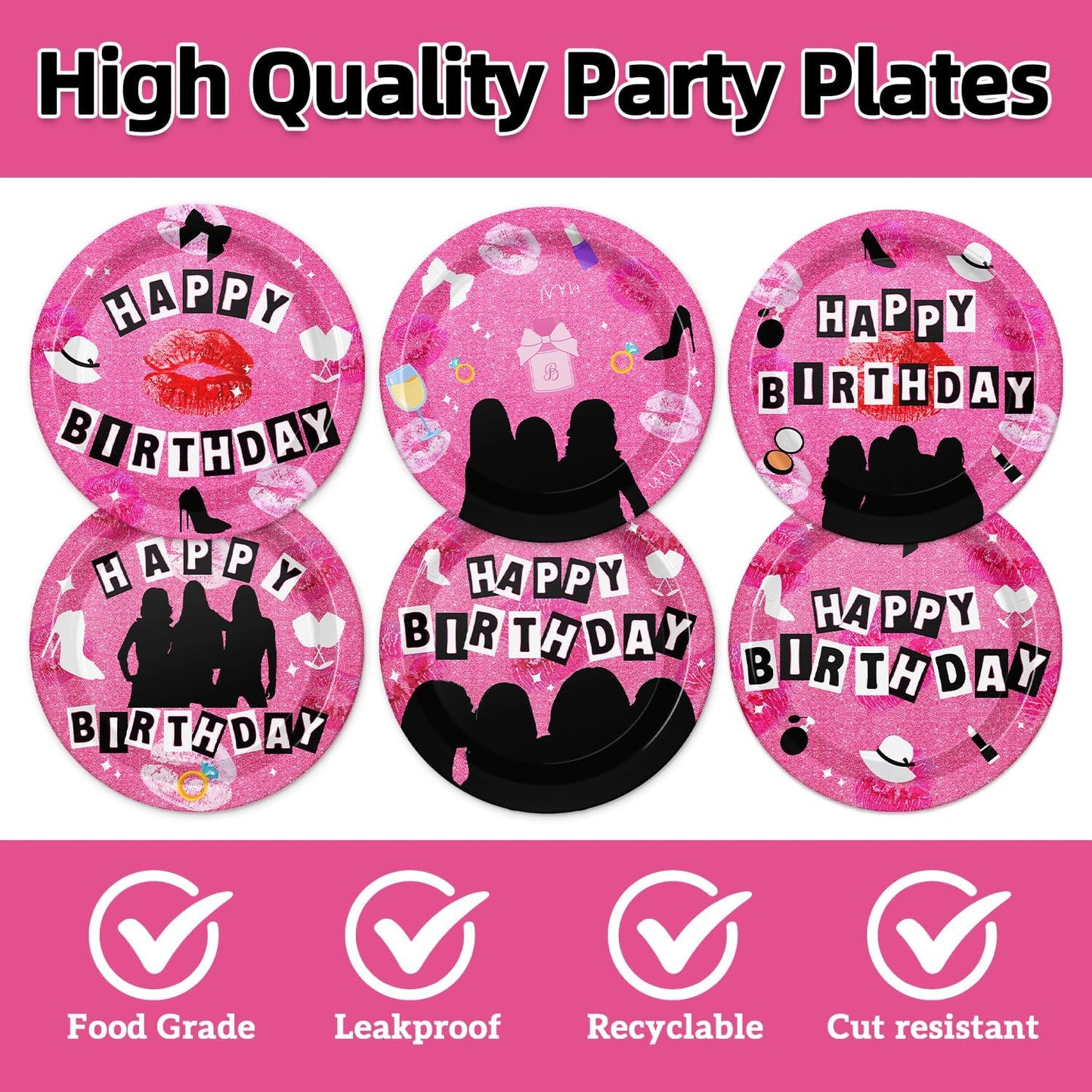 60 platos rosa intenso para fiesta de cumpleaños de niña