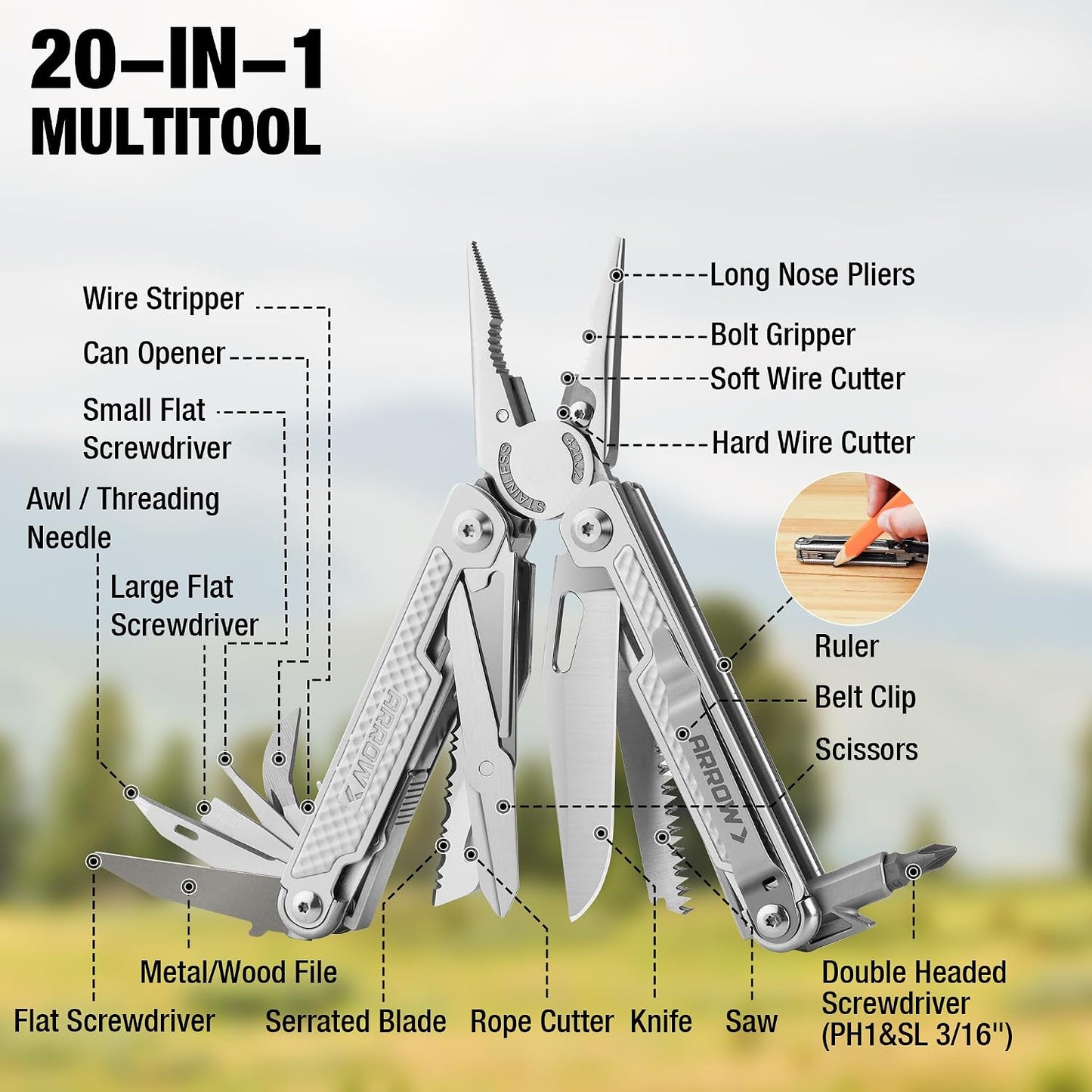 Alicates 20en1 acero inox con cuchillo funda clip exteriores