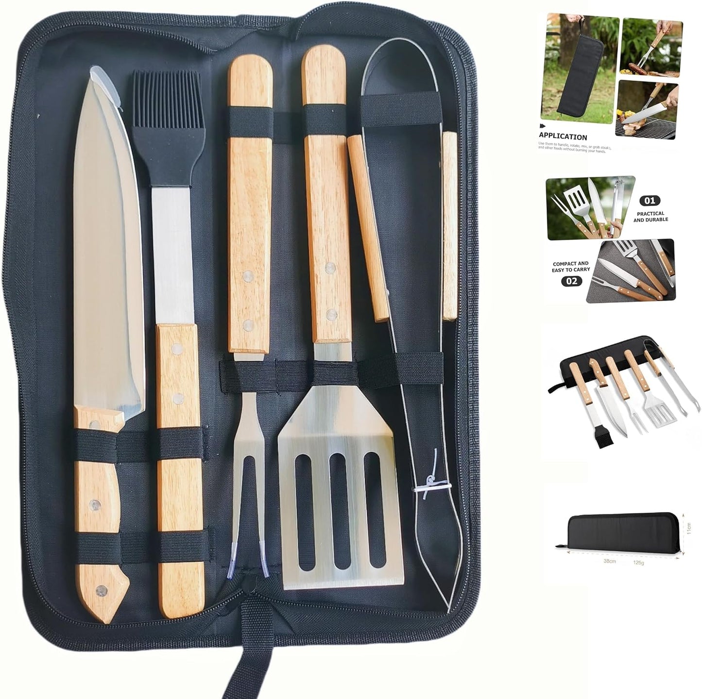 Juego 5 pzas herramientas parrilla acero inox asas madera