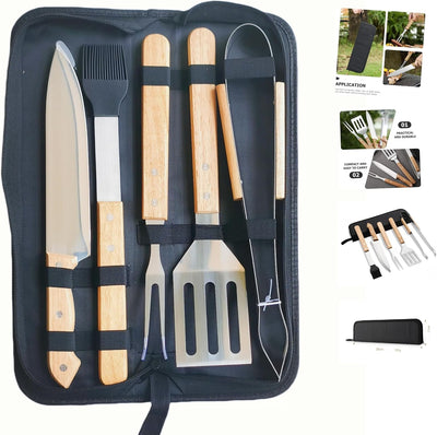 Juego 5 pzas herramientas parrilla acero inox asas madera