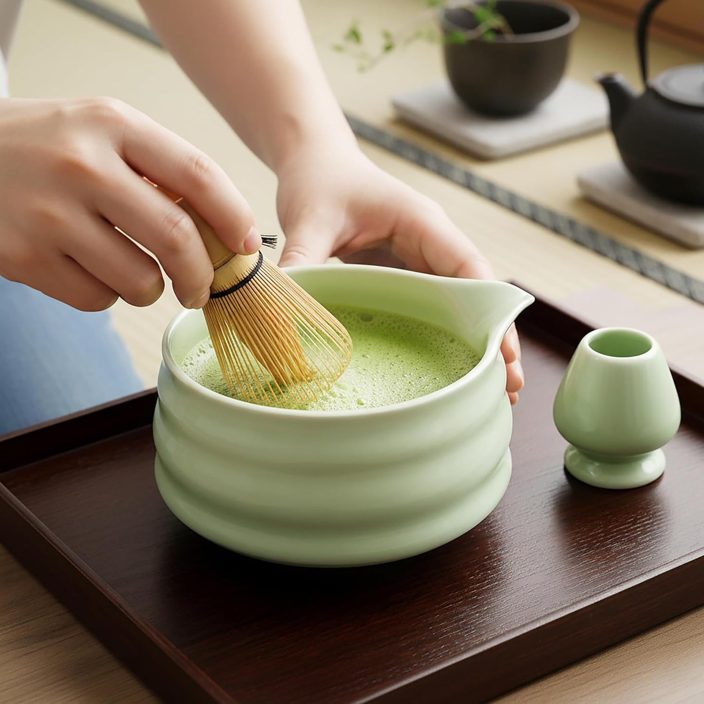 Juego de cerámica para matcha 500ml con taza y soporte de cepillo japonés