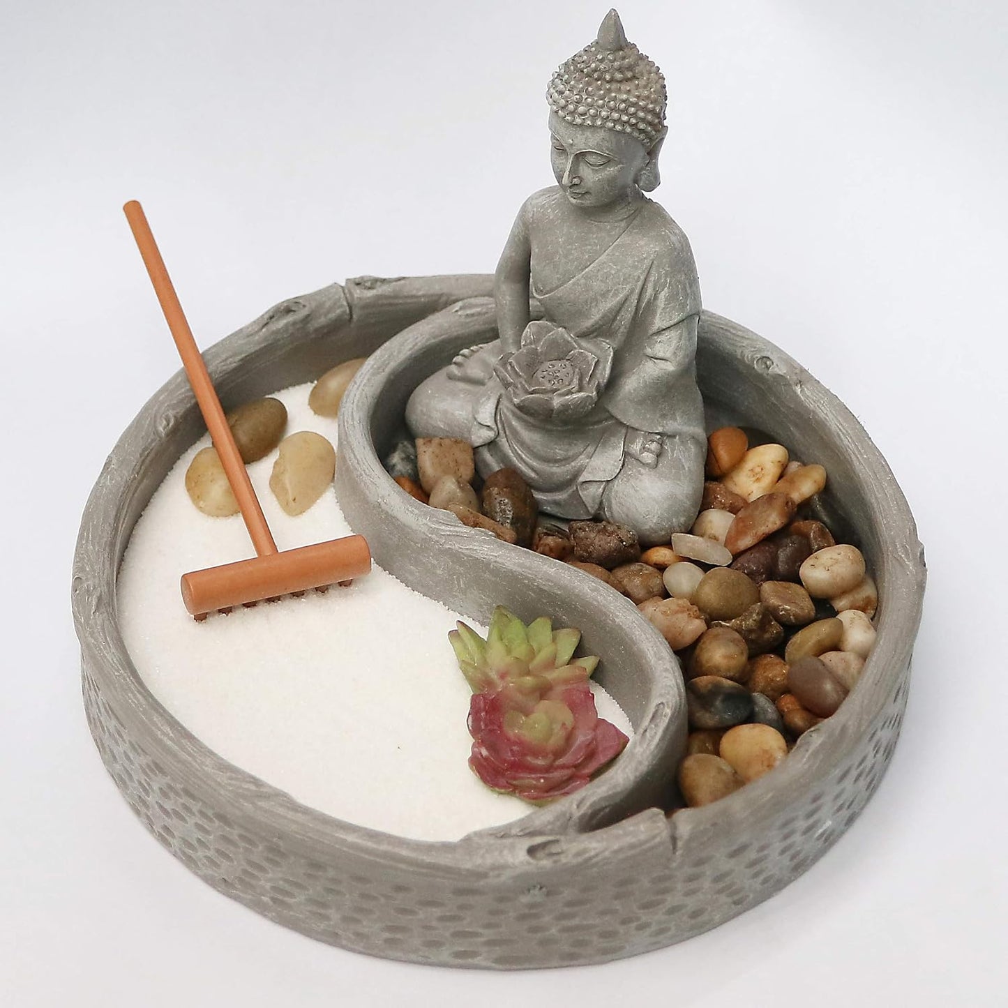 Kit jardín zen escritorio con loto, figuras buda y rocas arena