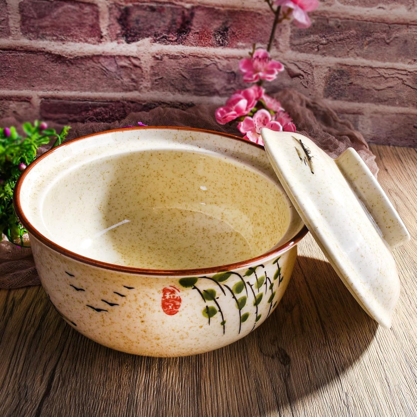 Cuenco de cerámica con tapa estilo japonés pintado a mano para arroz, guiso y postre