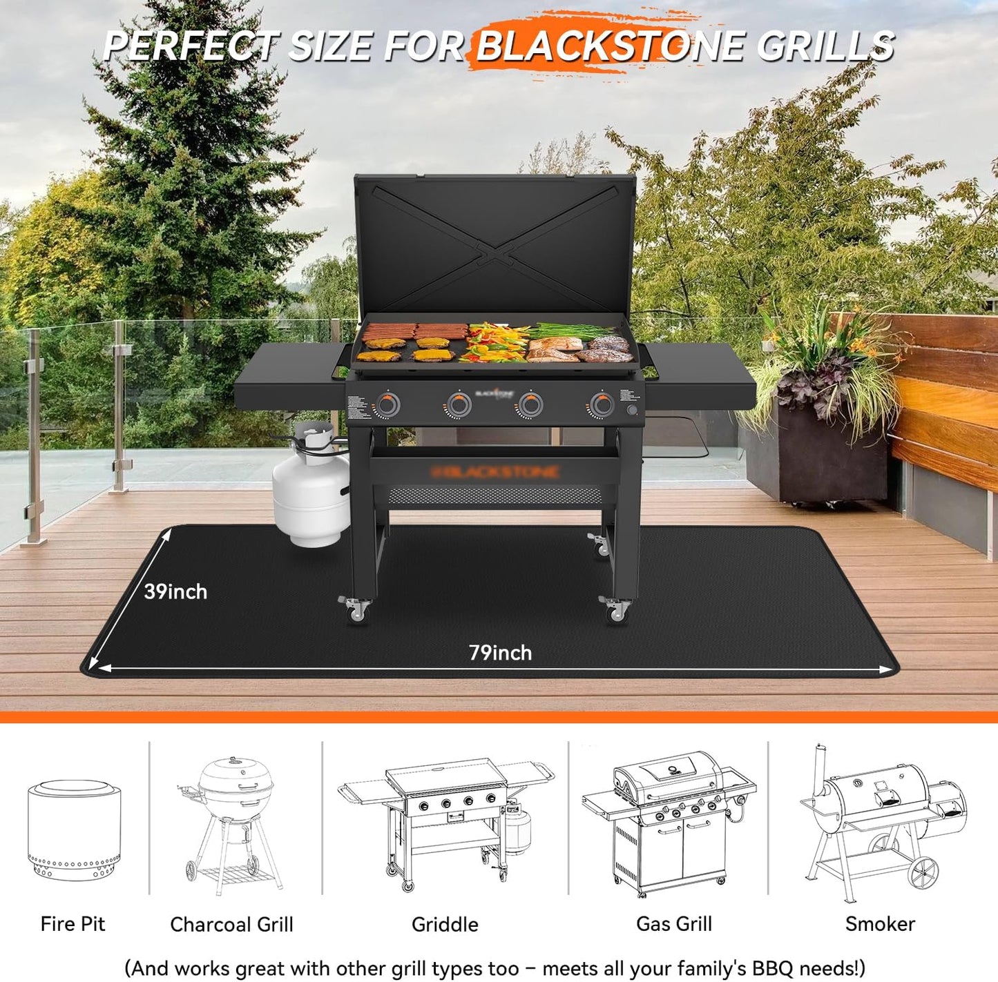 Alfombrilla ignífuga doble cara para parrilla Blackstone 79x39pulg