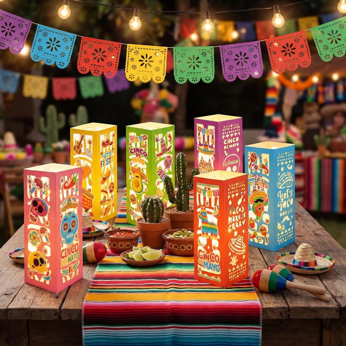 12 Cajas Faroles Cinco de Mayo con Luces LED Decoración Mesa