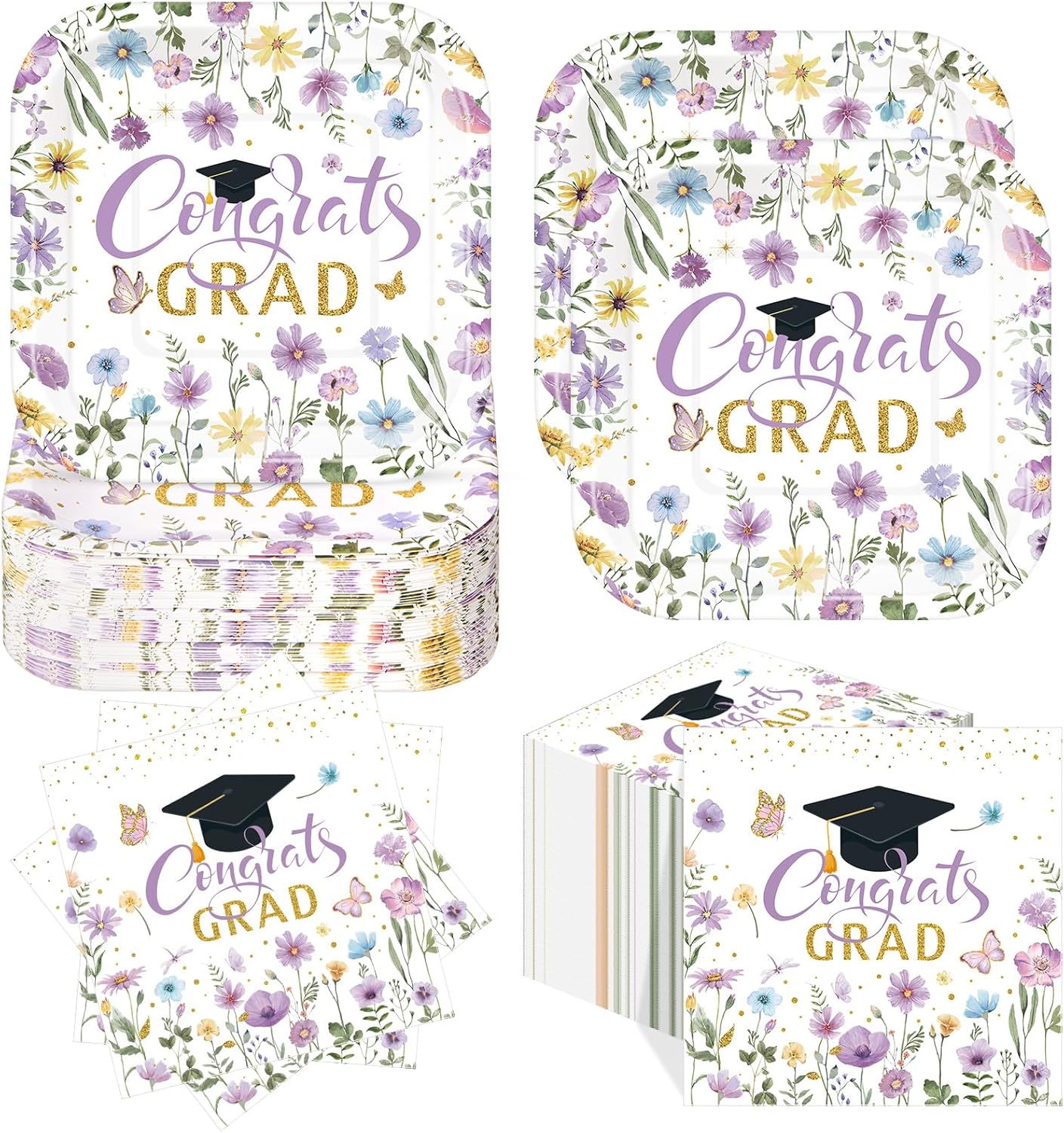 Platos y servilletas para fiesta de graduación Funnymoom 2026 7 pulgadas 13 pulgadas Purpura