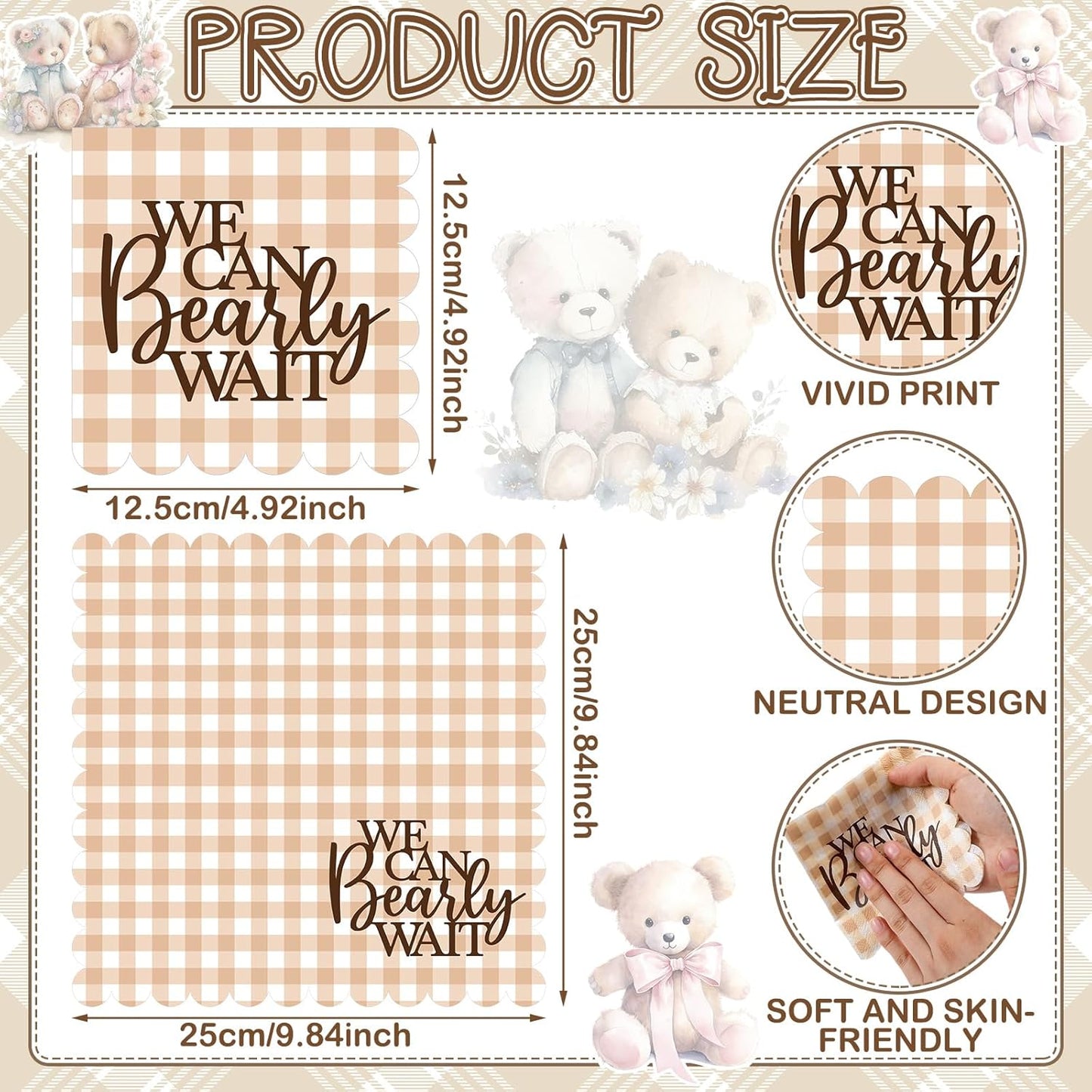 Servilletas de baby shower beige We Can Bearly Wait con borde festoneado
