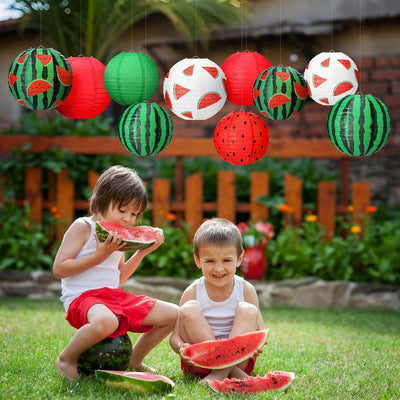 16 Linternas Papel Verano Colores Sandía Rojo Redondas Colgantes