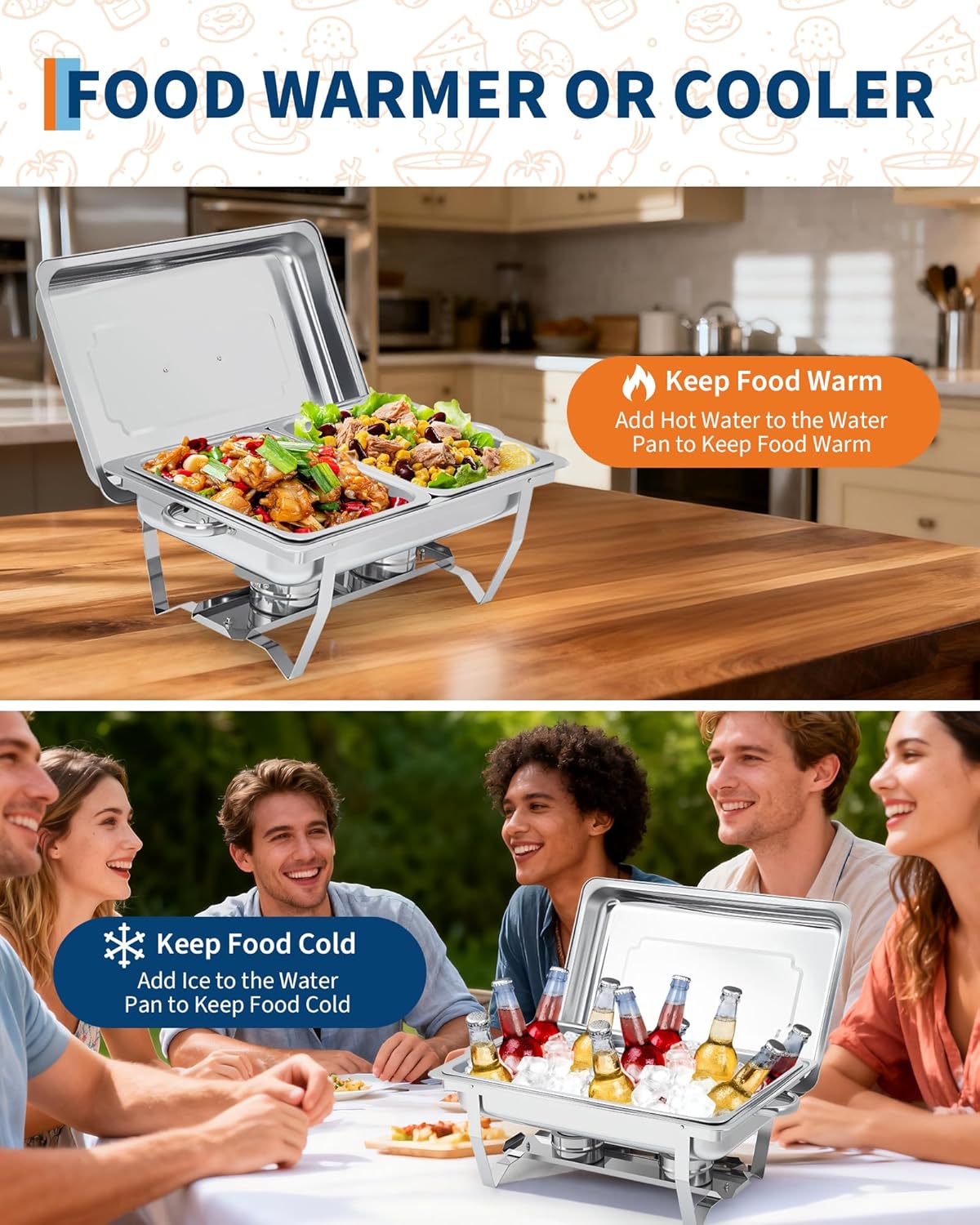 Set 4 Chafer Acero Inox con Tapas y 6 Charolas Rectangulares