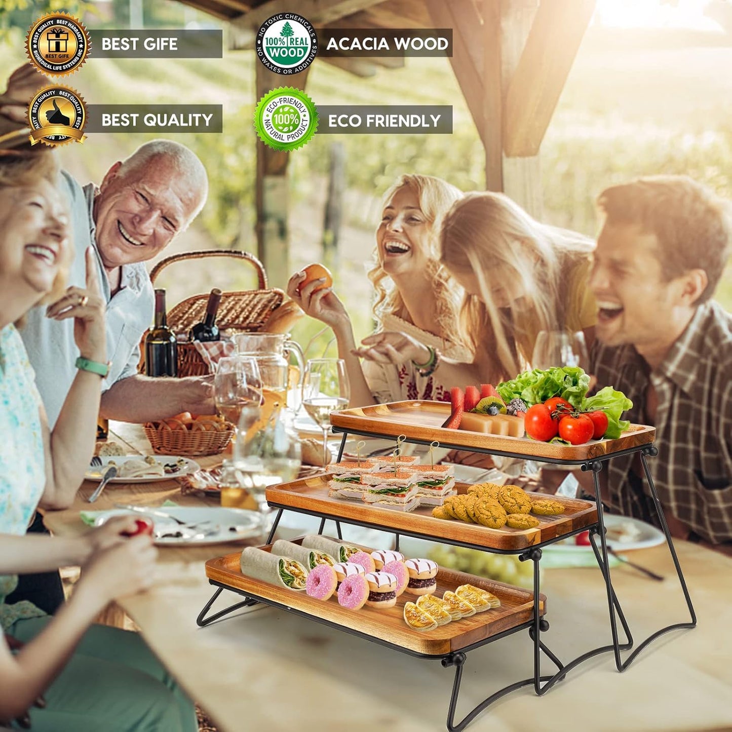 Mesa giratoria desmontable acacia 360° para sofá con bandeja servir