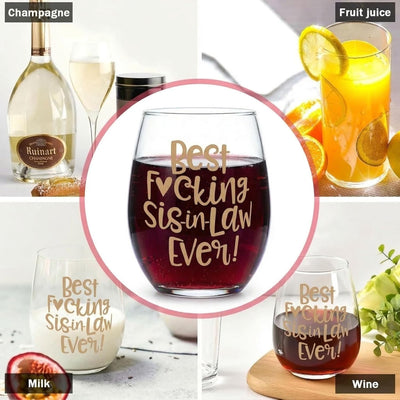 Copa de vino con texto "Best SisterpulgadaLaw Ever", regalos divertidos para cuñadas