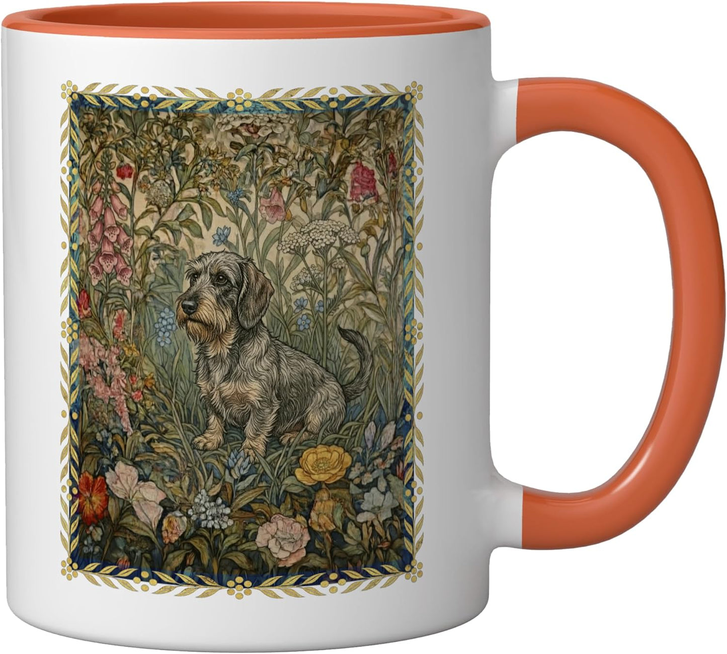 Taza Cerámica Dachshund Jardín Floral Naranja/Blanco