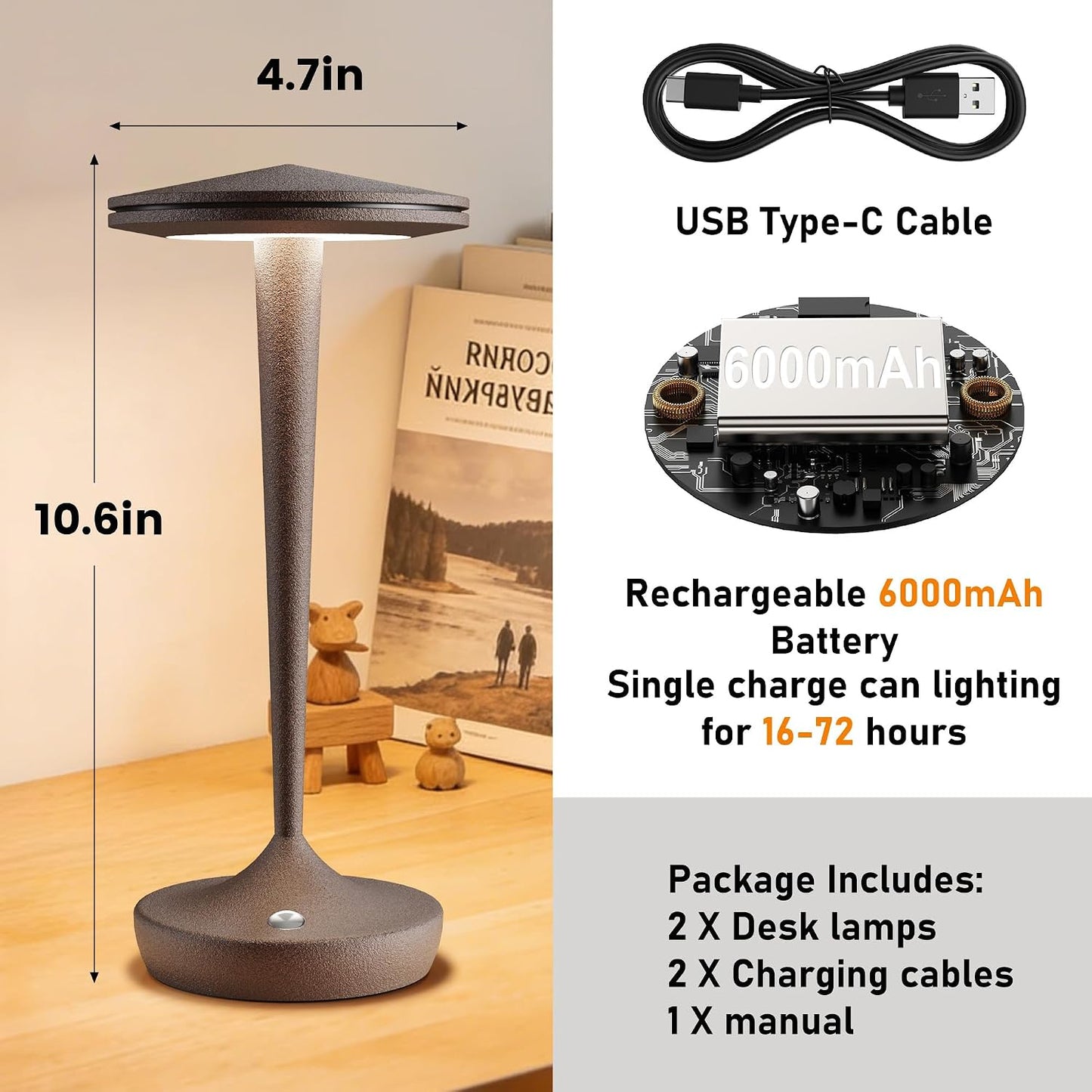 2 Lámparas Mesa Inalámbricas Recargables LED 6000mAh