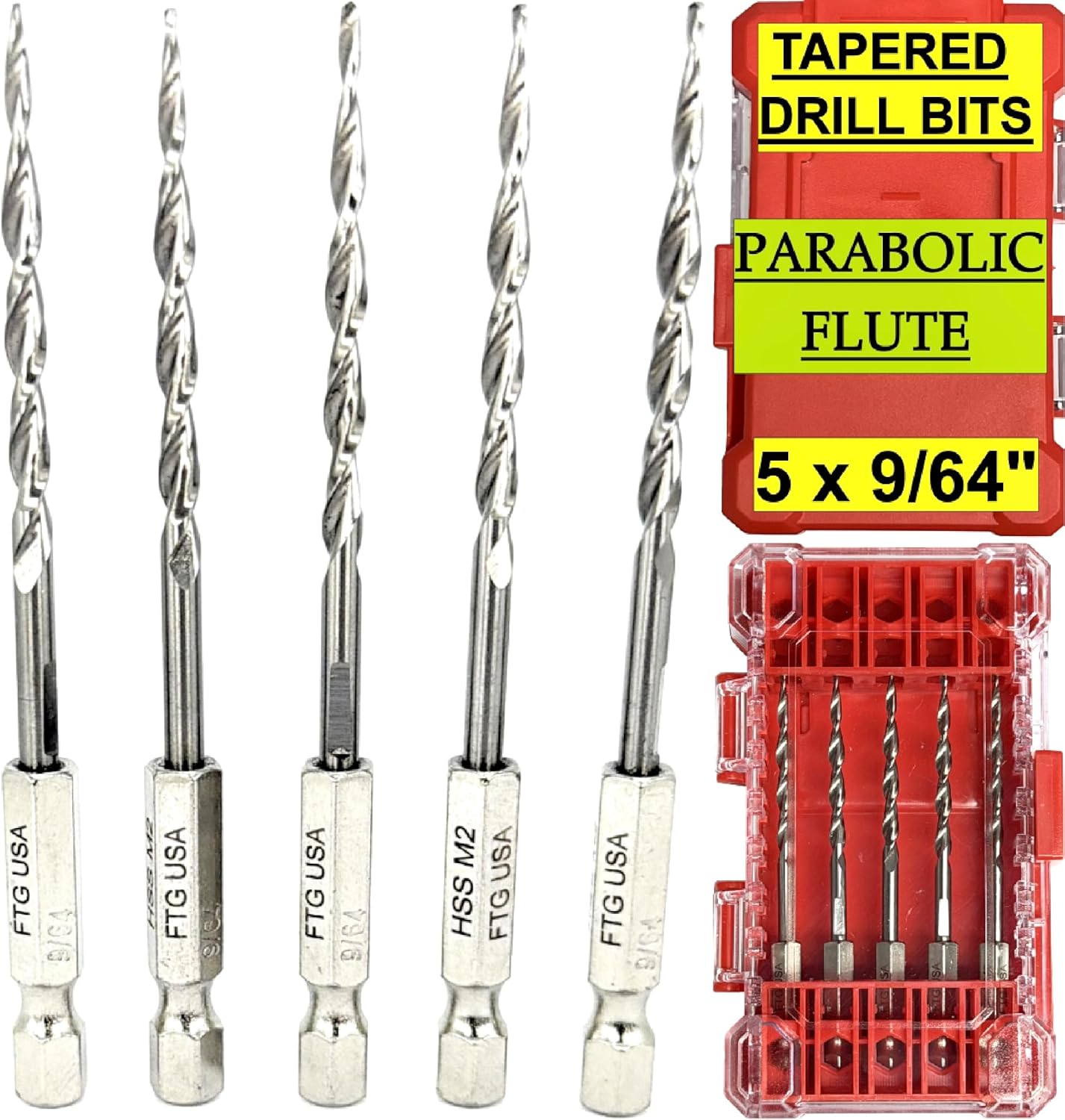 5 Brocas Cónicas #6 9/64pulg para Madera con Contenedor