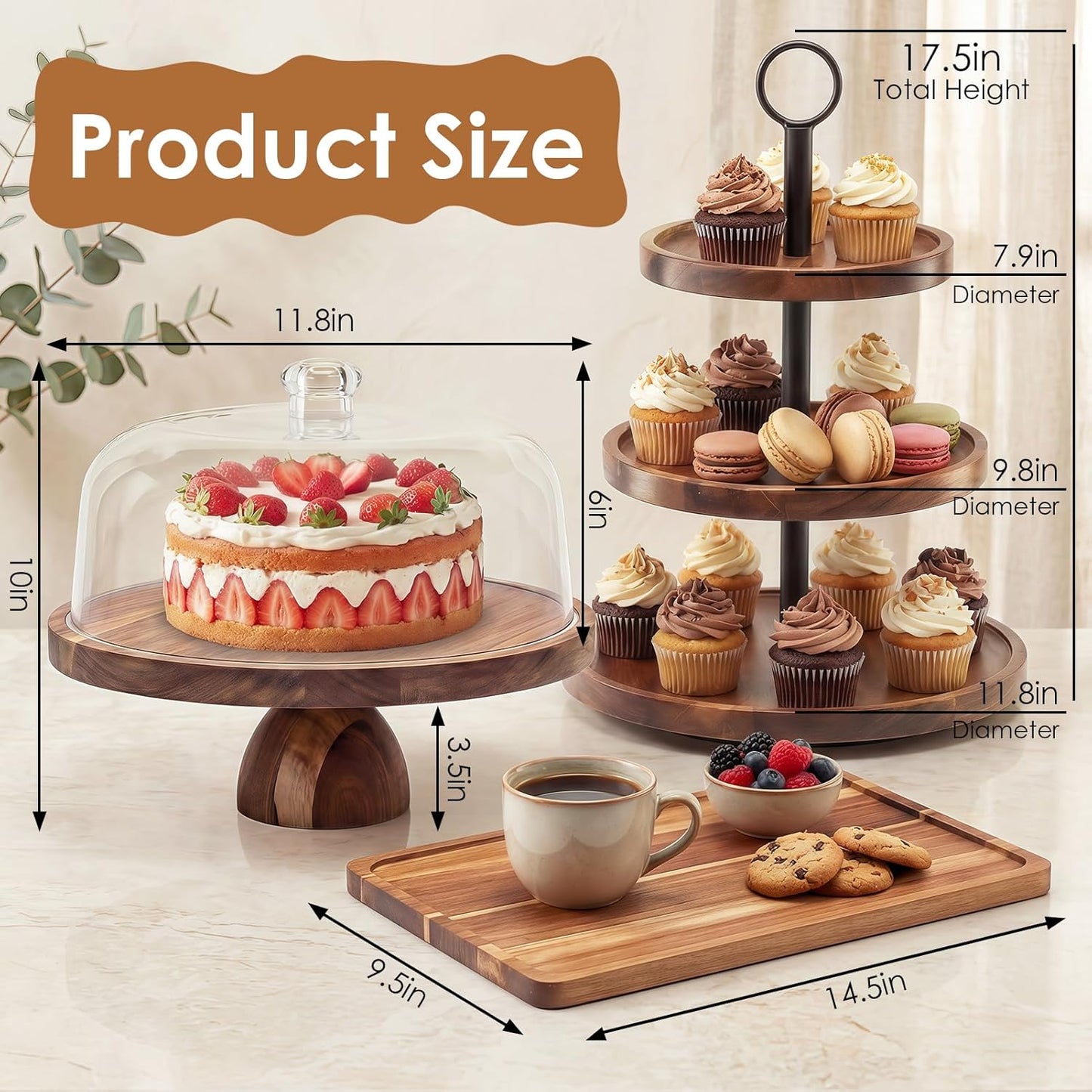 Set 5 Pzas Mesa Postre Madera Acacia Tapa Cúpula 3 Niveles