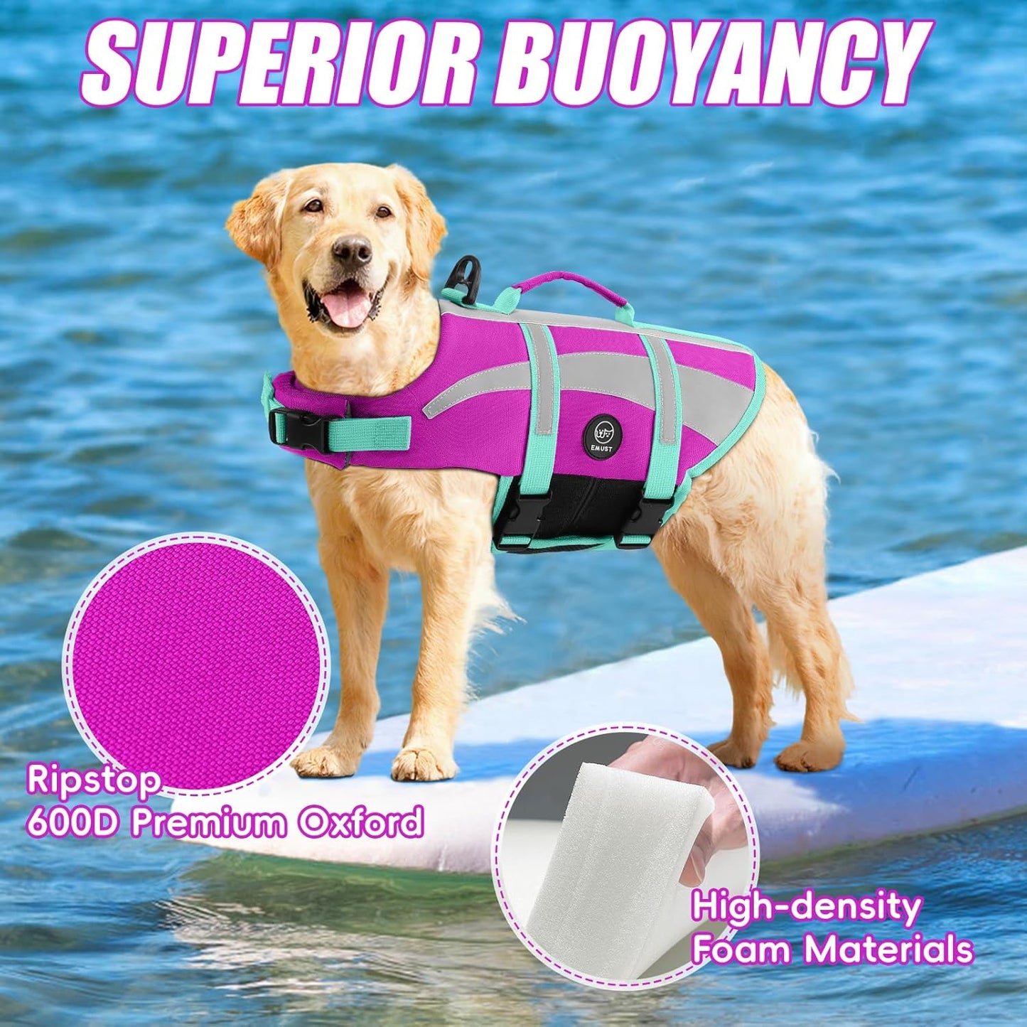 Chaleco salvavidas perros L con asas dobles reflectante morado