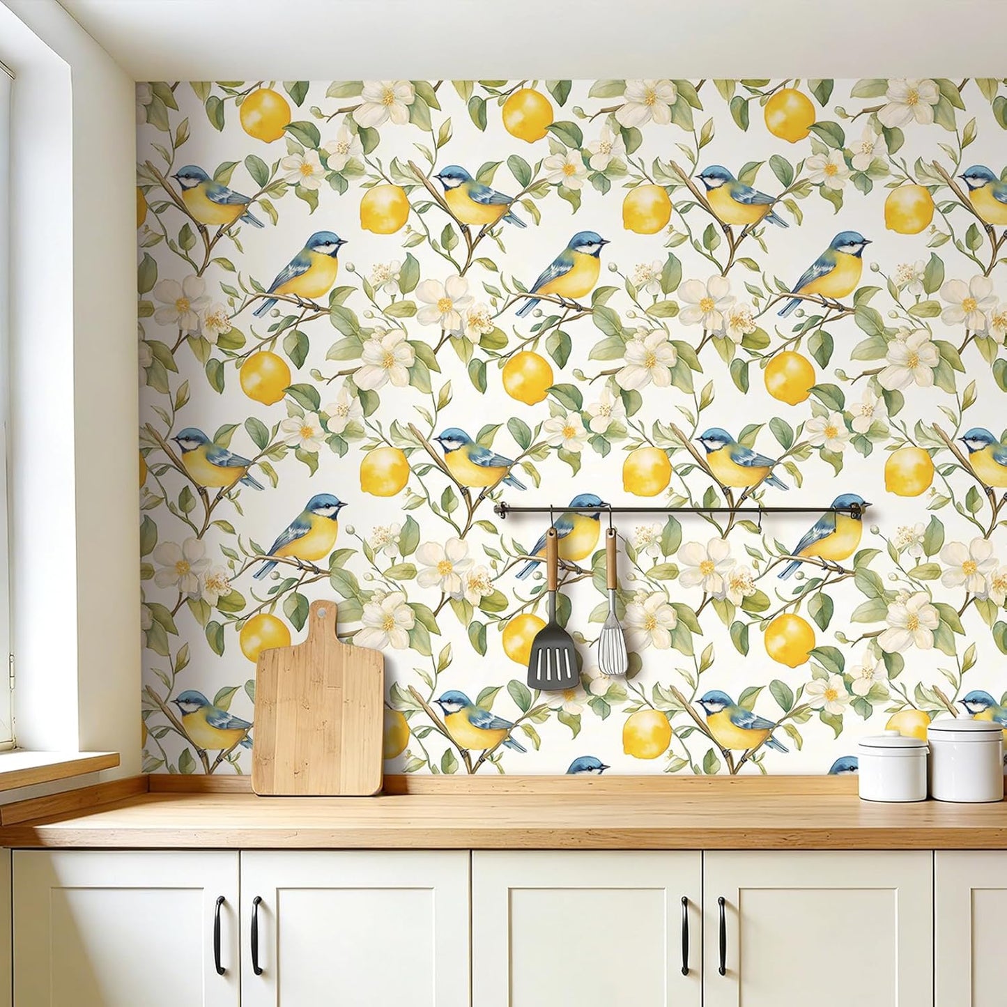 Papel tapiz limón autoadhesivo amarillo cítricos flores gabinetes