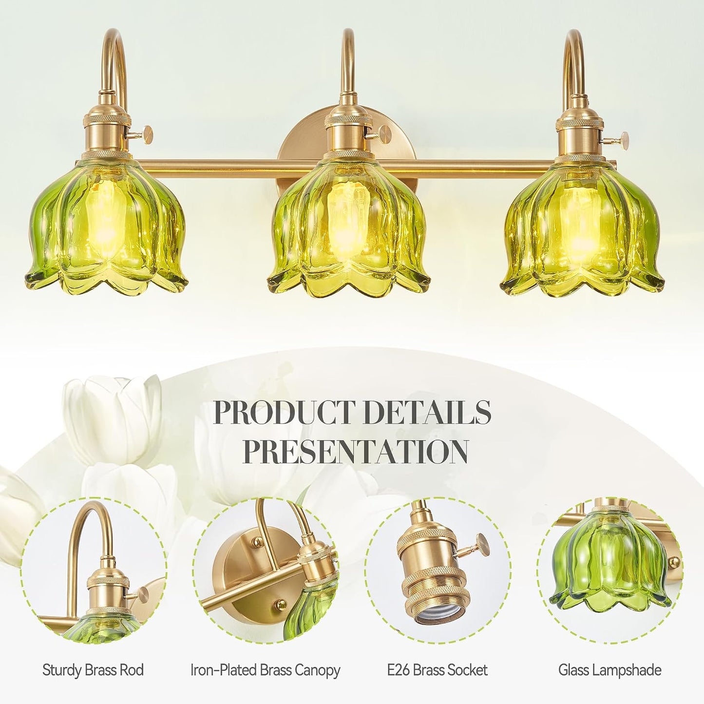 Lámpara baño vintage 3 luces 19.4pulg pantalla tulipán verde