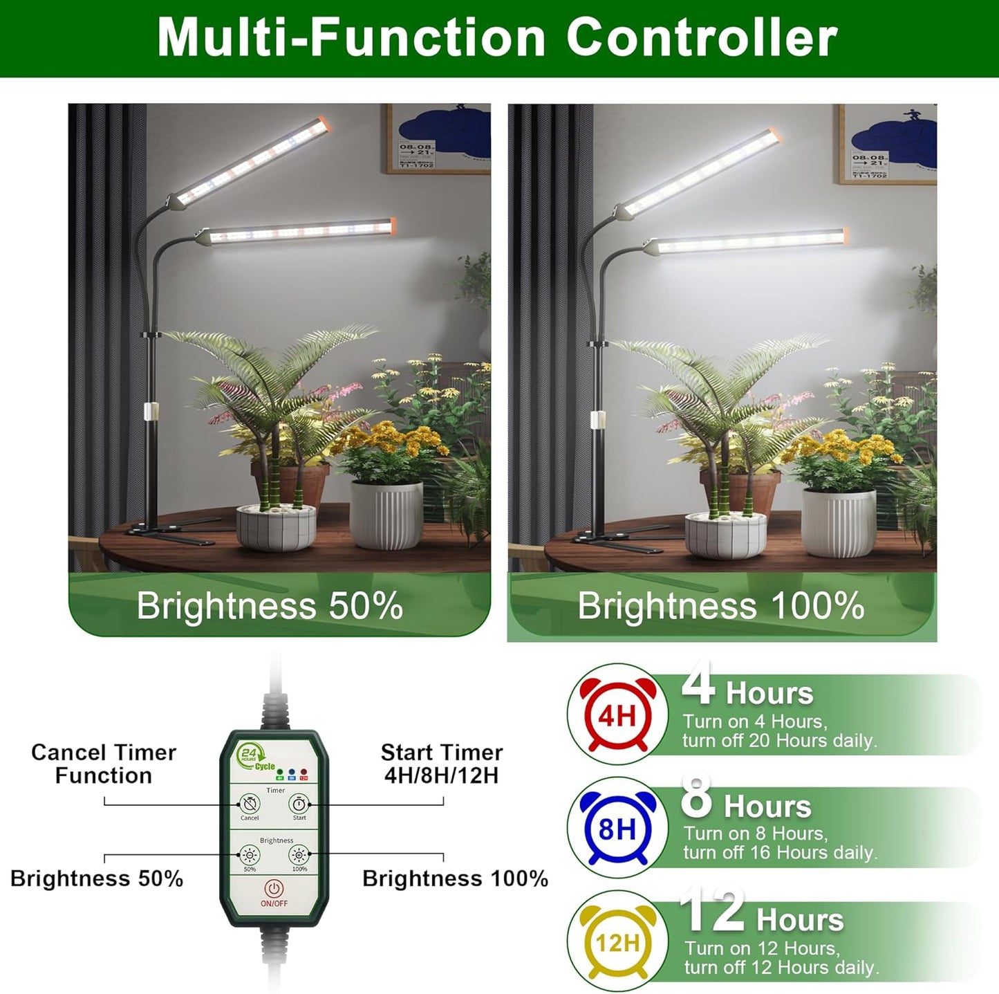 Lámpara cultivo plantas 3 cabezales LED ajustable 15-47pulg