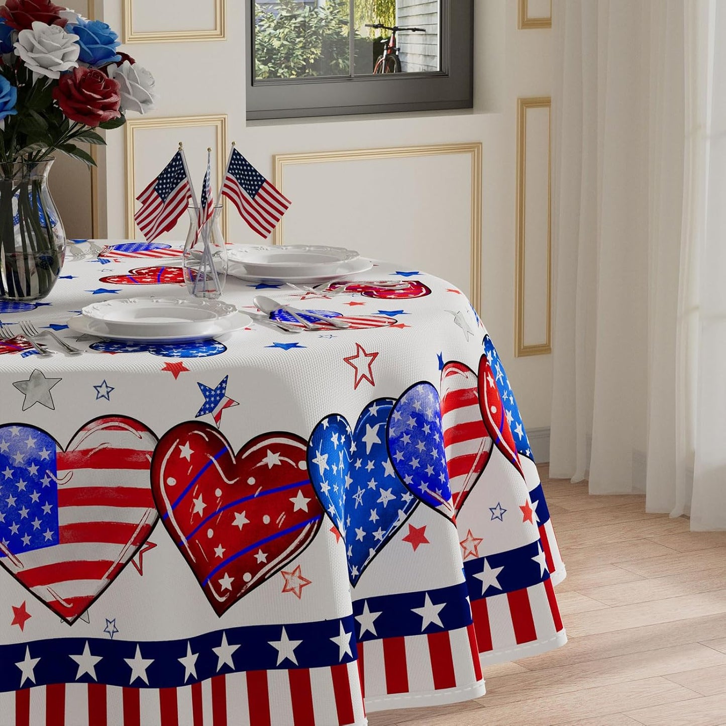Mantel redondo con rayas, corazones y estrellas de América 60x60 pulgadas