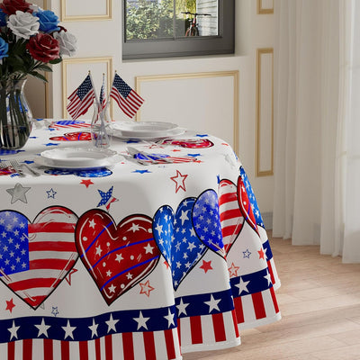 Mantel redondo con rayas, corazones y estrellas de América 60x60 pulgadas