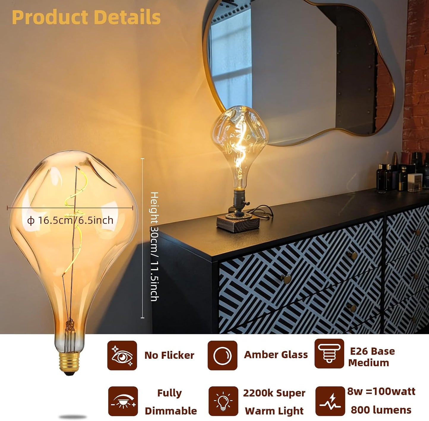 Bombilla Edison vintage regulable 2200K 8W A165 base E26