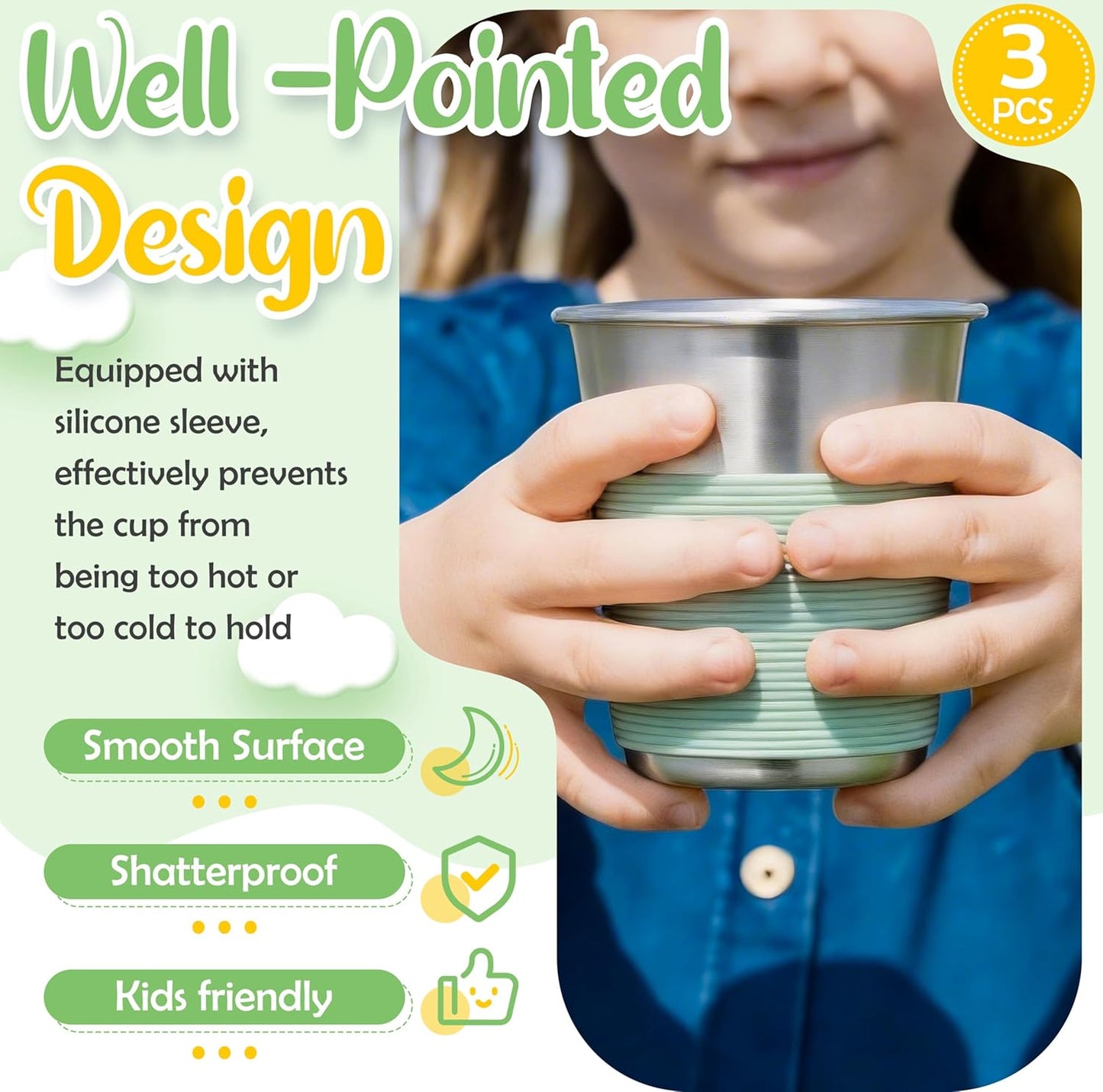 Vasos de acero inoxidable para niños con mangas de silicona, 8 oz, apilables y reutilizables