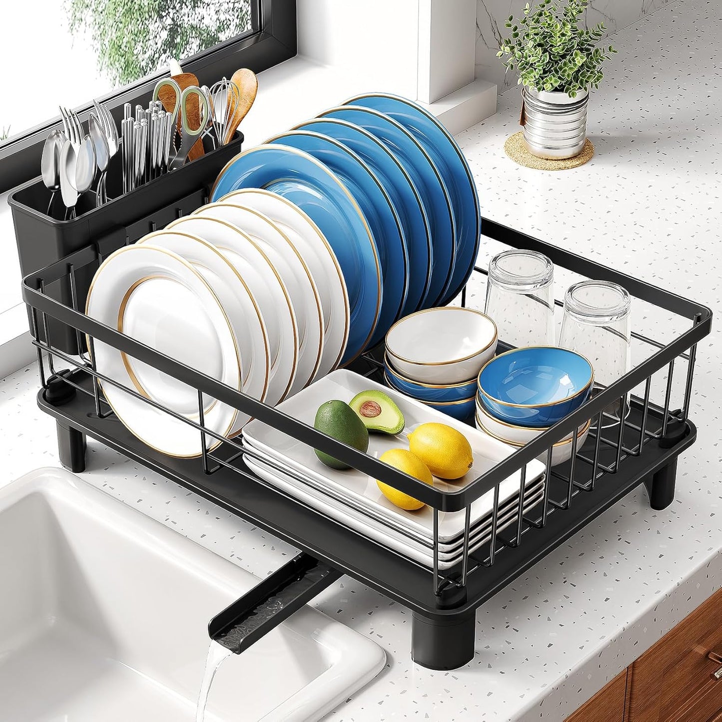 Escurridor de platos de acero inoxidable con soporte para encimera