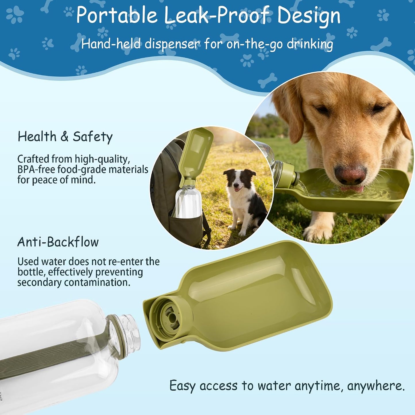 Botella agua perro 18oz verde a prueba de fugas