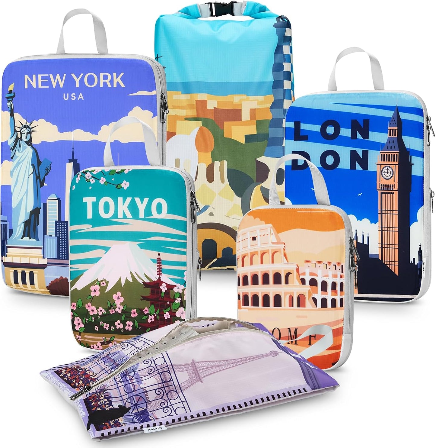 6 bolsas viaje expandibles con bolsa zapatos y lavandería